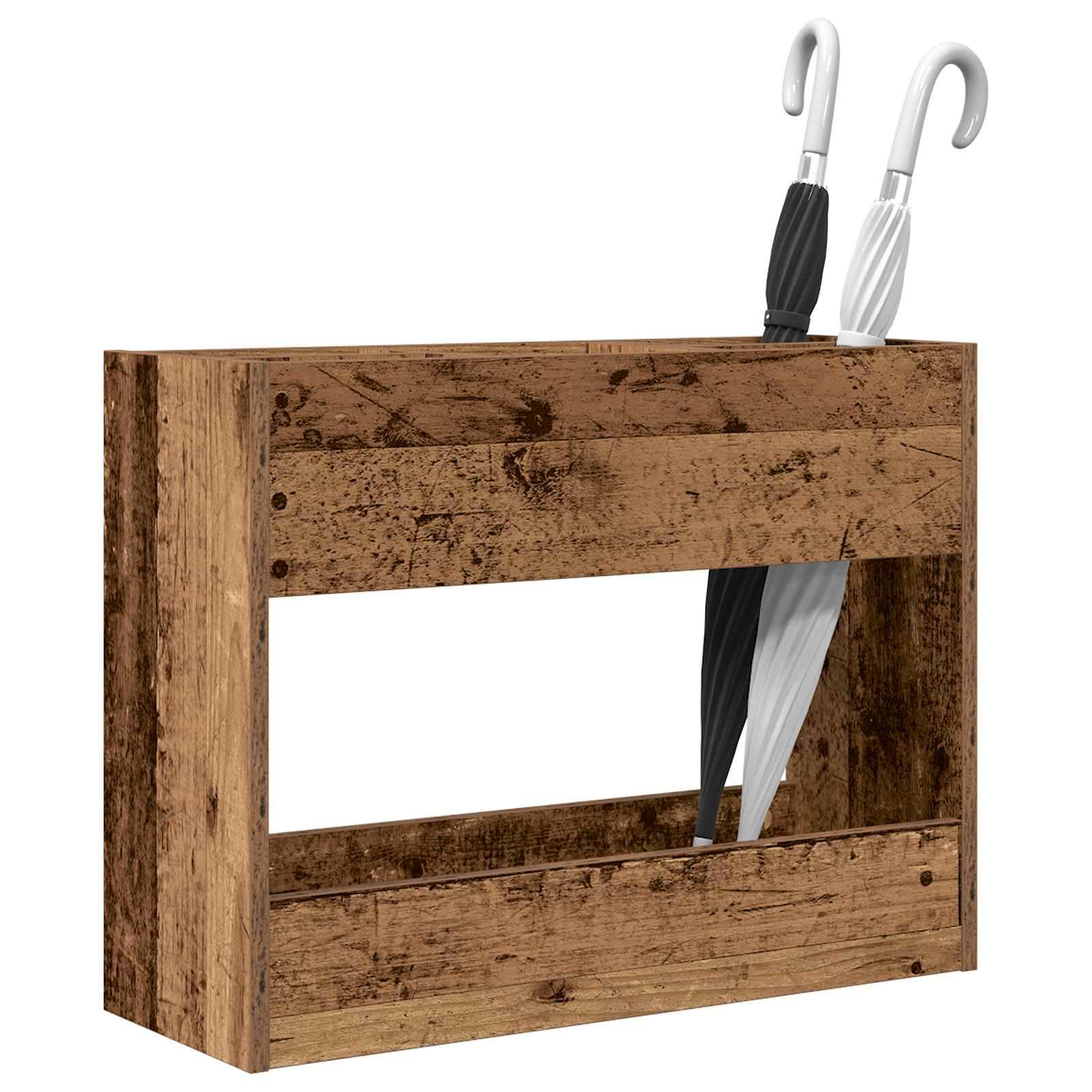 Holzschirmständer, der zwei Schirme, einen schwarzen und einen weißen, vor einem einfarbigen Hintergrund hält.