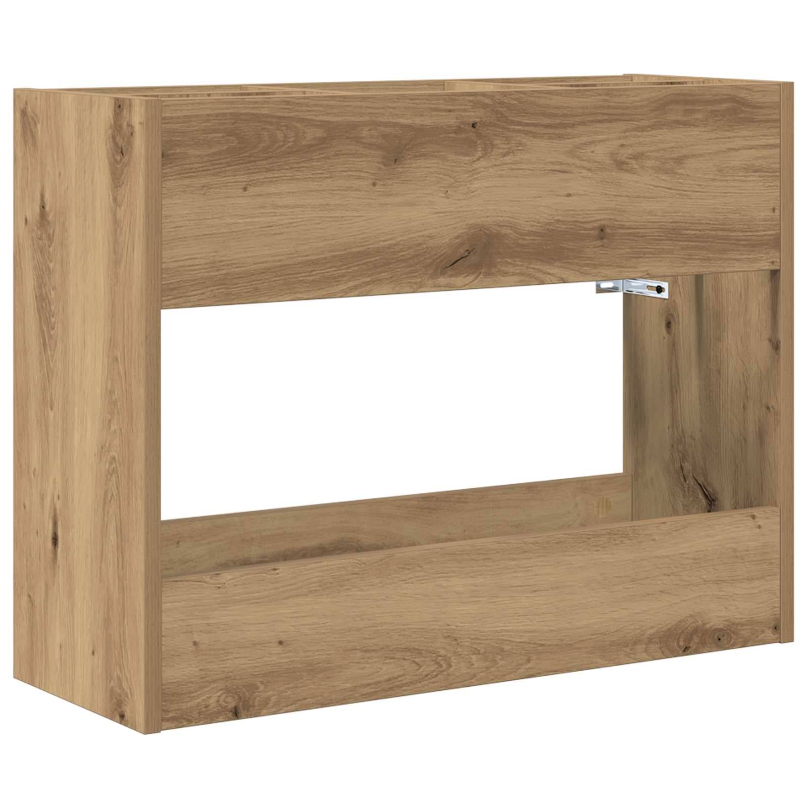 Holzschrank mit einem rechteckigen offenen Regal in der Mitte, mit natürlicher Eichenoberfläche und minimalistischem Design.