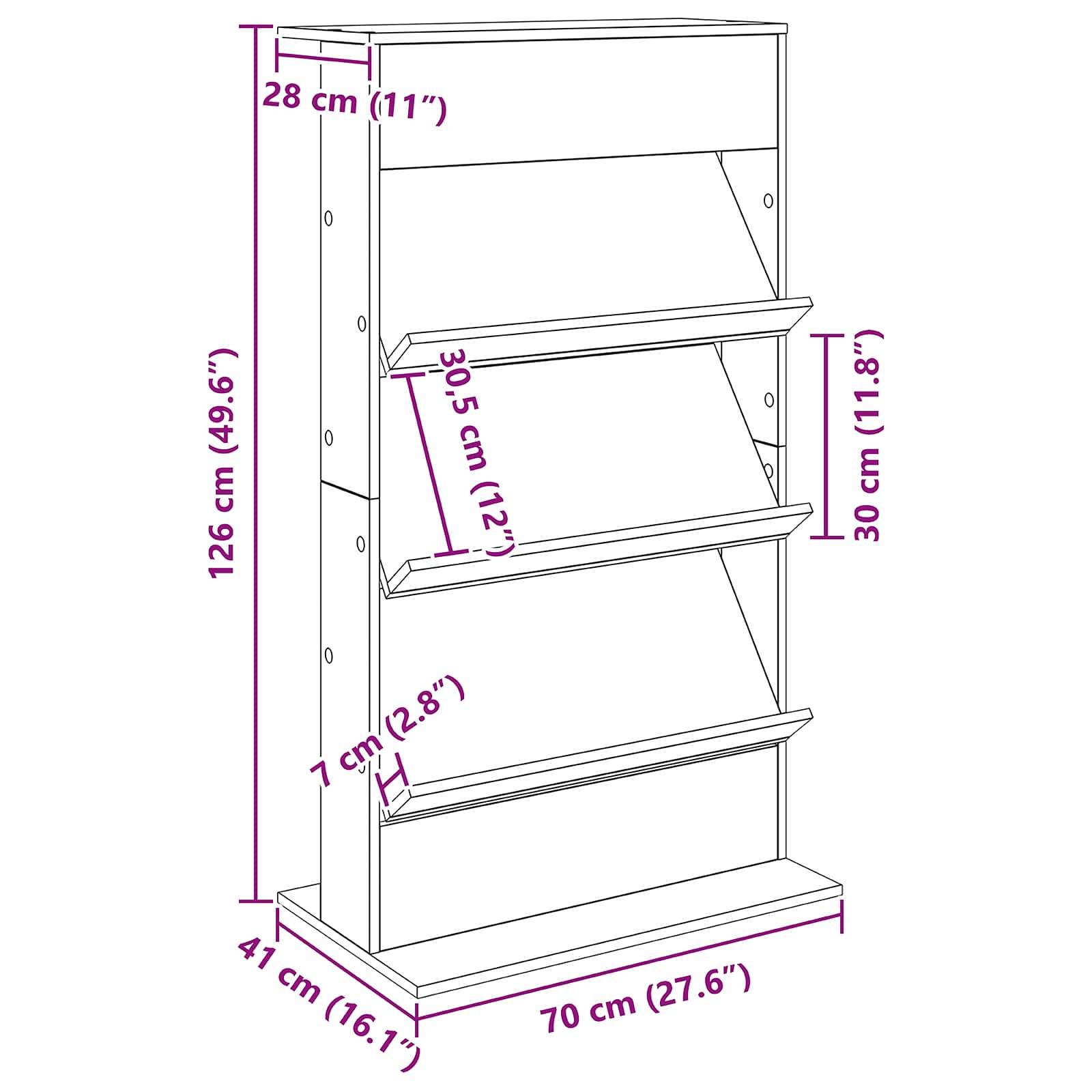 Eine Bücherregal-Skizze mit drei Ebenen und folgenden Abmessungen: Höhe 126 cm (49,6