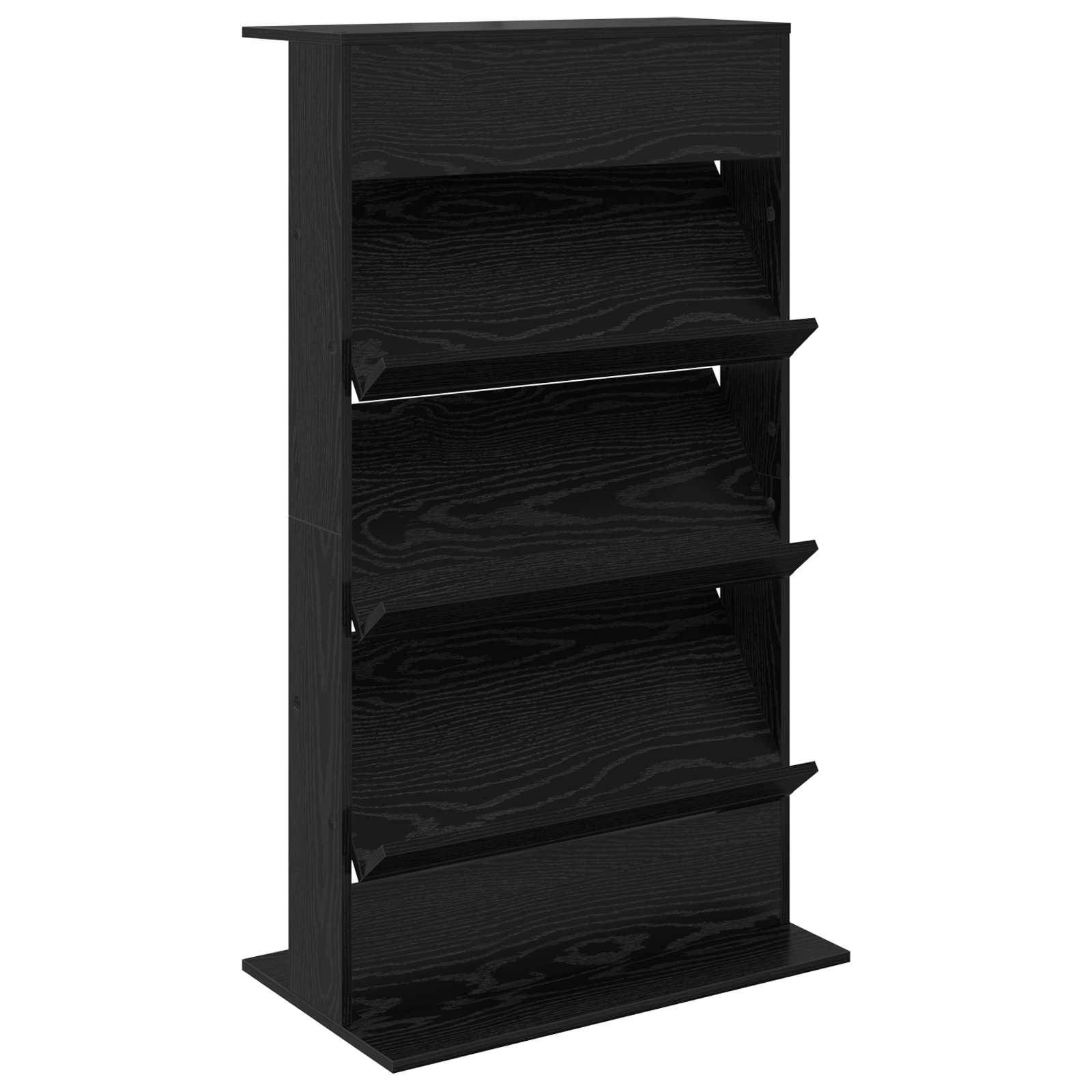 Ein schwarzes, vierstufiges Holz-Bücherregal mit geneigten Regalen, das zum Präsentieren von Büchern oder Zeitschriften konzipiert ist, vor einem weißen Hintergrund.