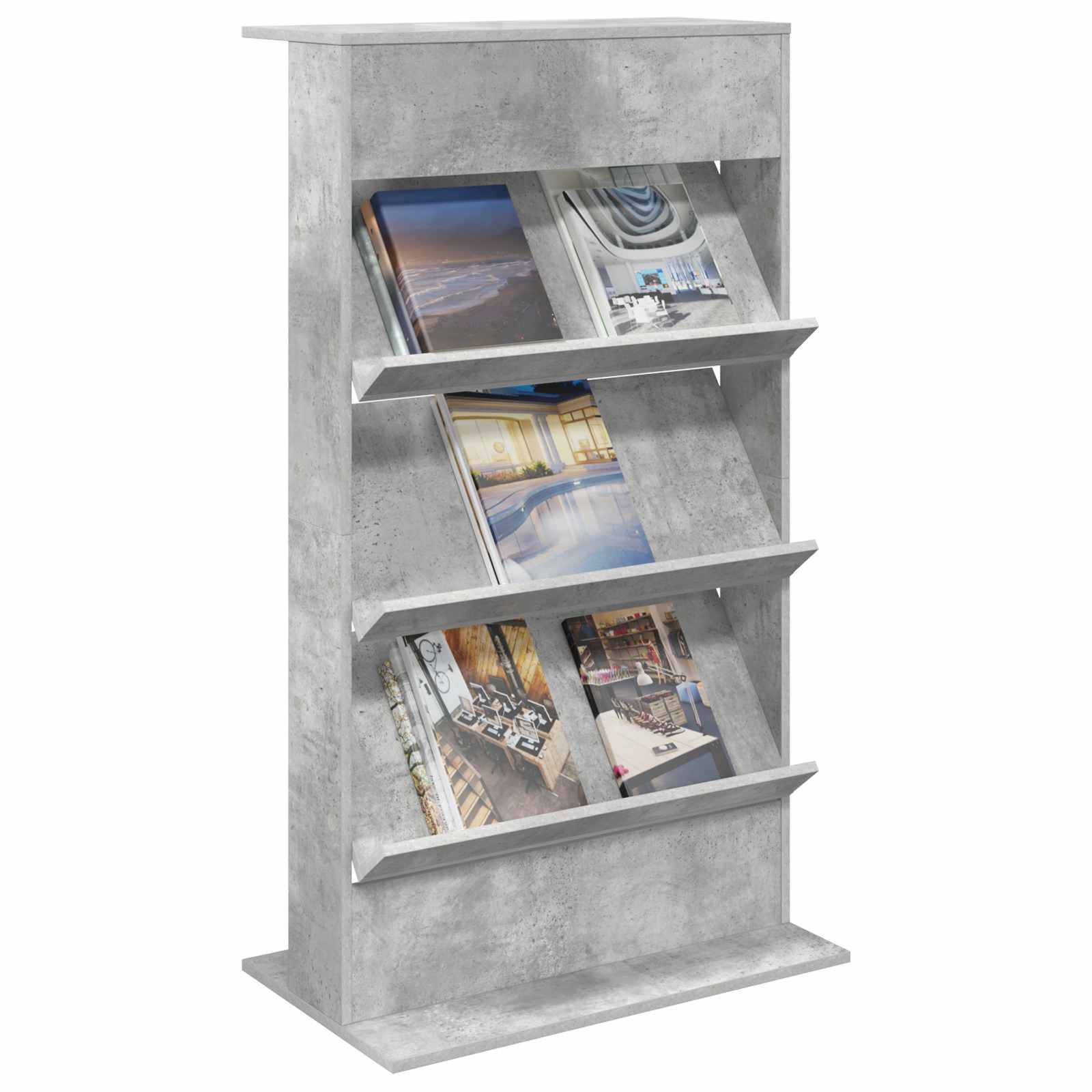 Betonständer mit drei schräg angeordneten Regalen, die verschiedene Magazine präsentieren.
