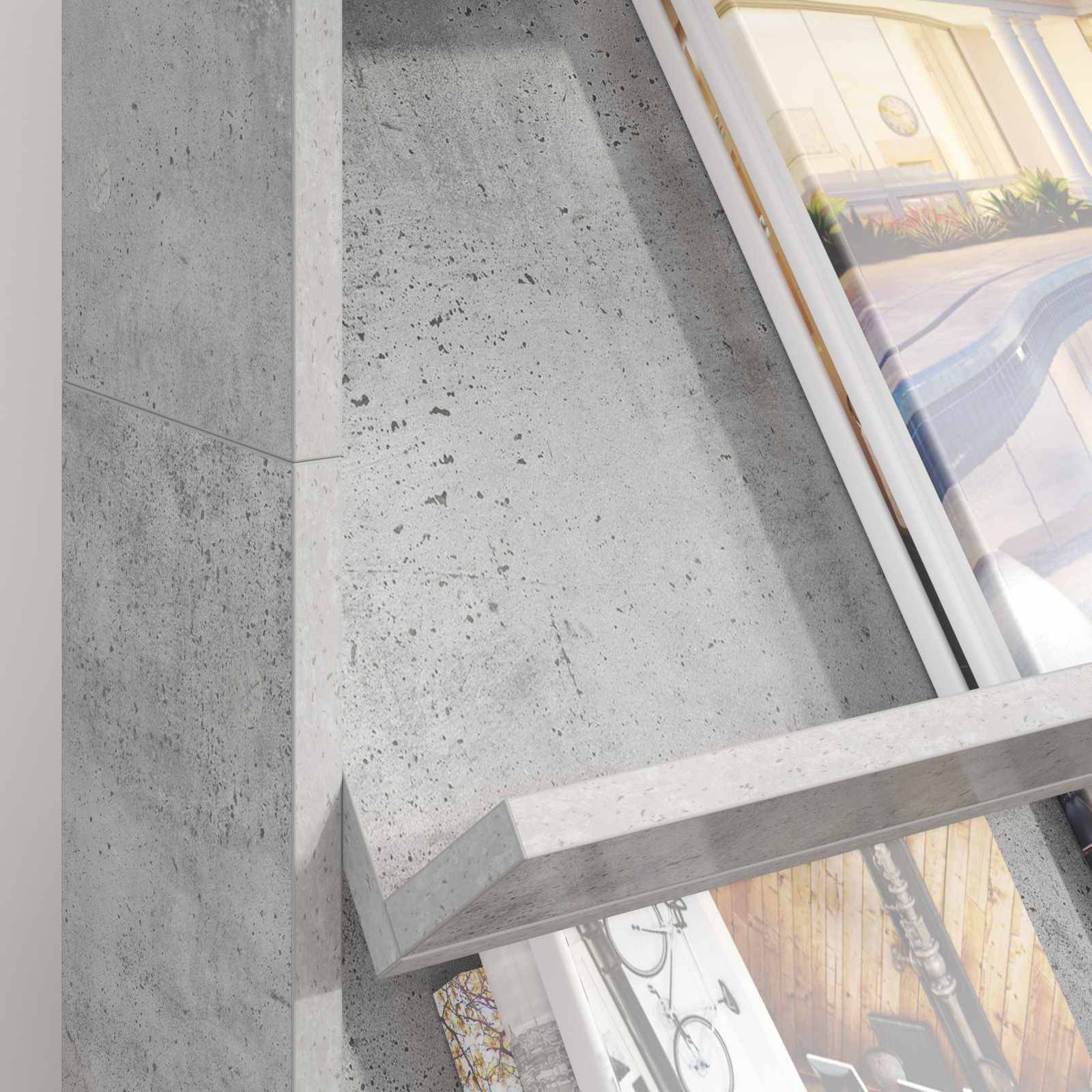 Betonregal mit Architekturzeitschriften, die moderne Innenarchitektur präsentieren.