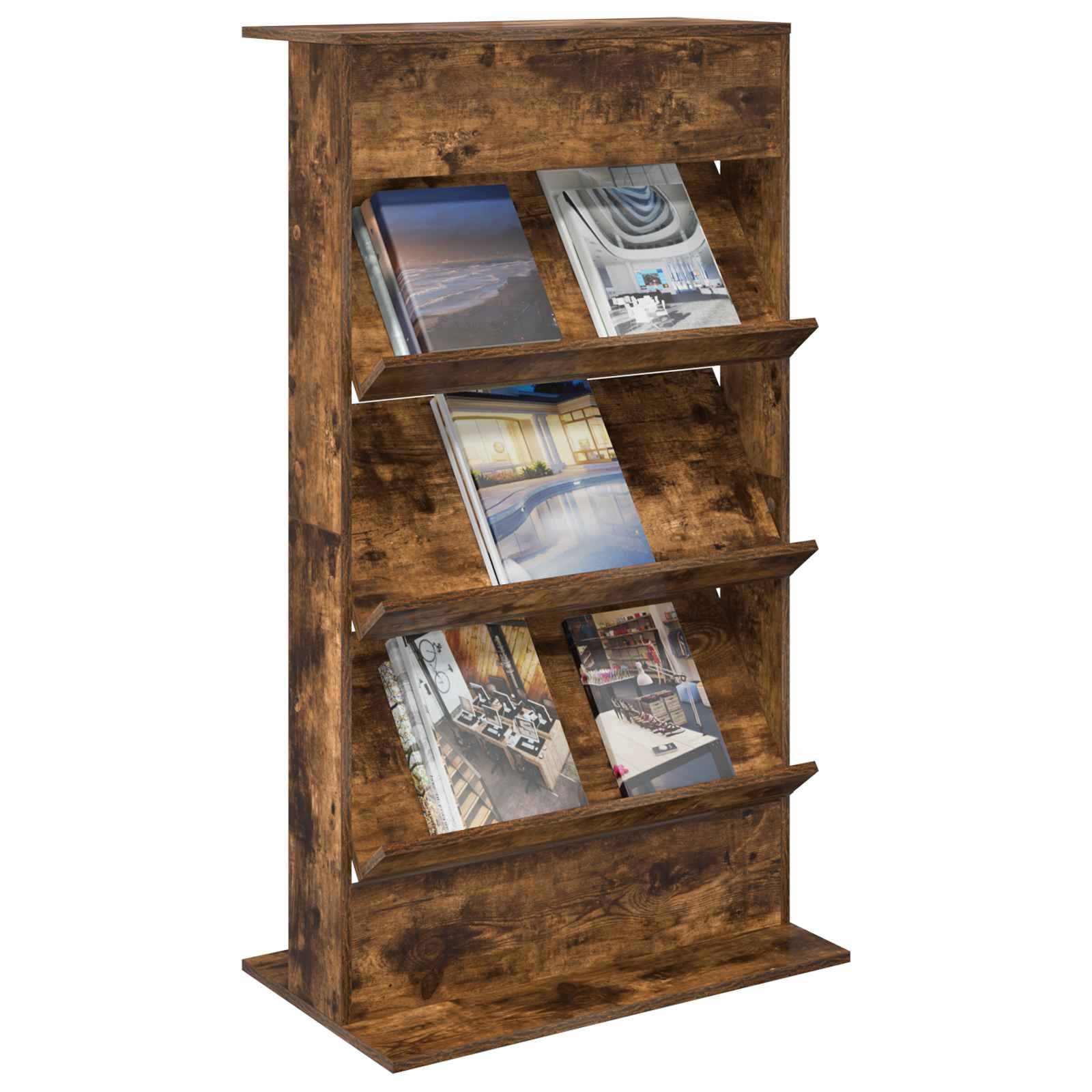 Dreistufiger Holz-Zeitschriftenständer, der verschiedene Zeitschriften mit bunten Umschlägen präsentiert, vor einem schlichten Hintergrund platziert.