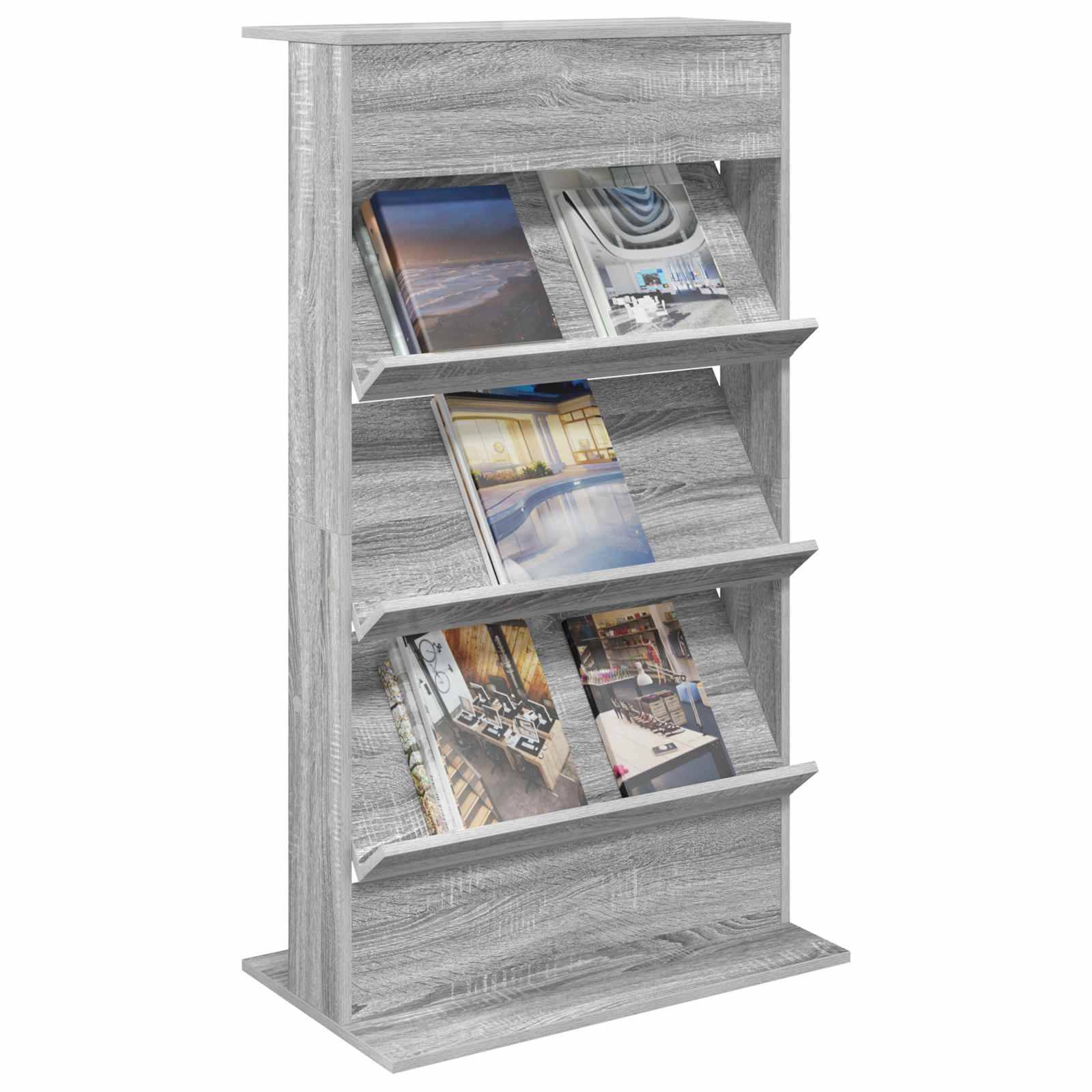 Ein vierstufiges graues Holz-Magazinregal, das sieben offene Magazine mit Bildern auf jedem Regalfach präsentiert.