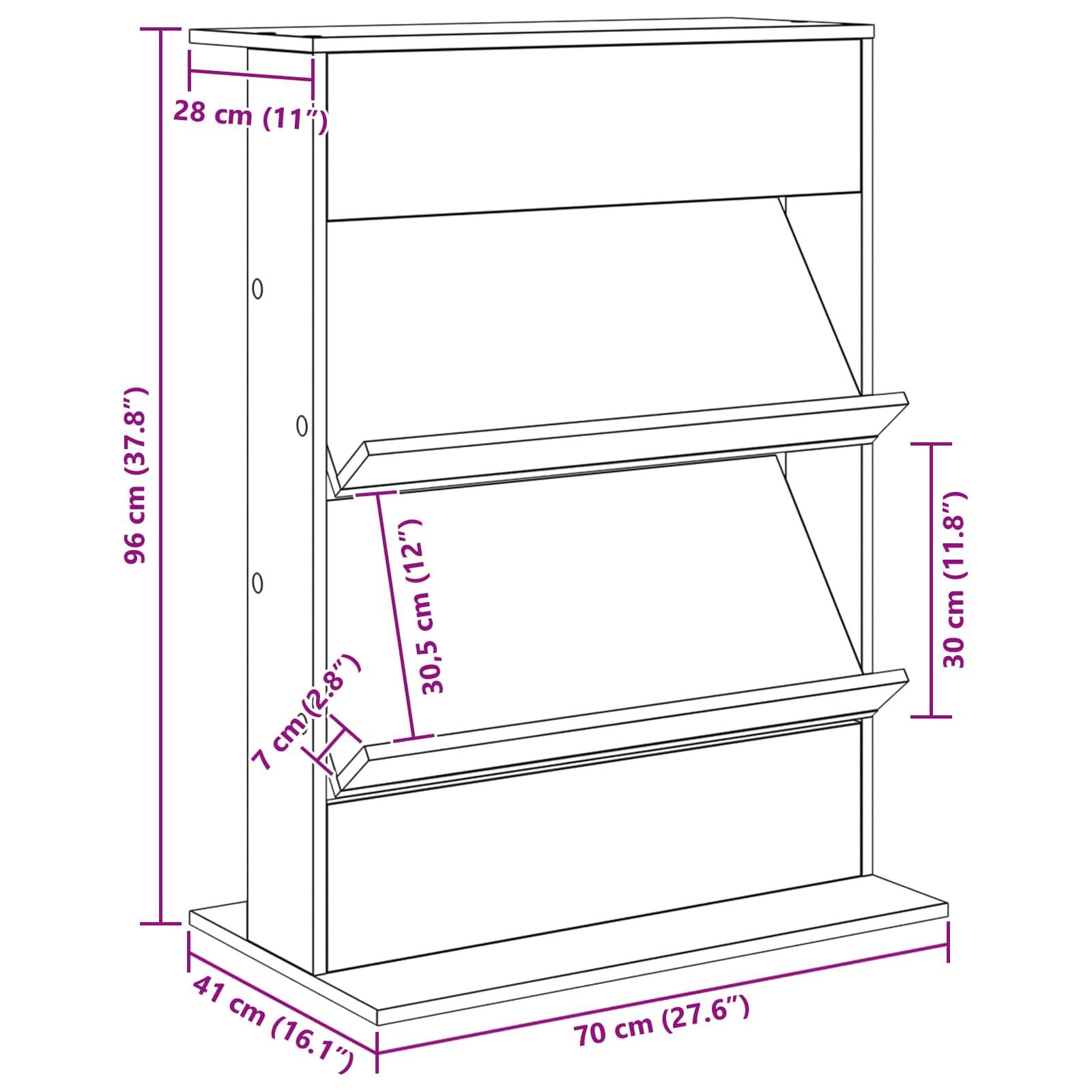 Eine schematische Zeichnung eines Bücherregals aus Holz mit drei Einlegeböden und beschrifteten Maßen: Höhe 96 cm, Breite 70 cm, Tiefe 28 cm, Regalhöhe 30,5 cm.