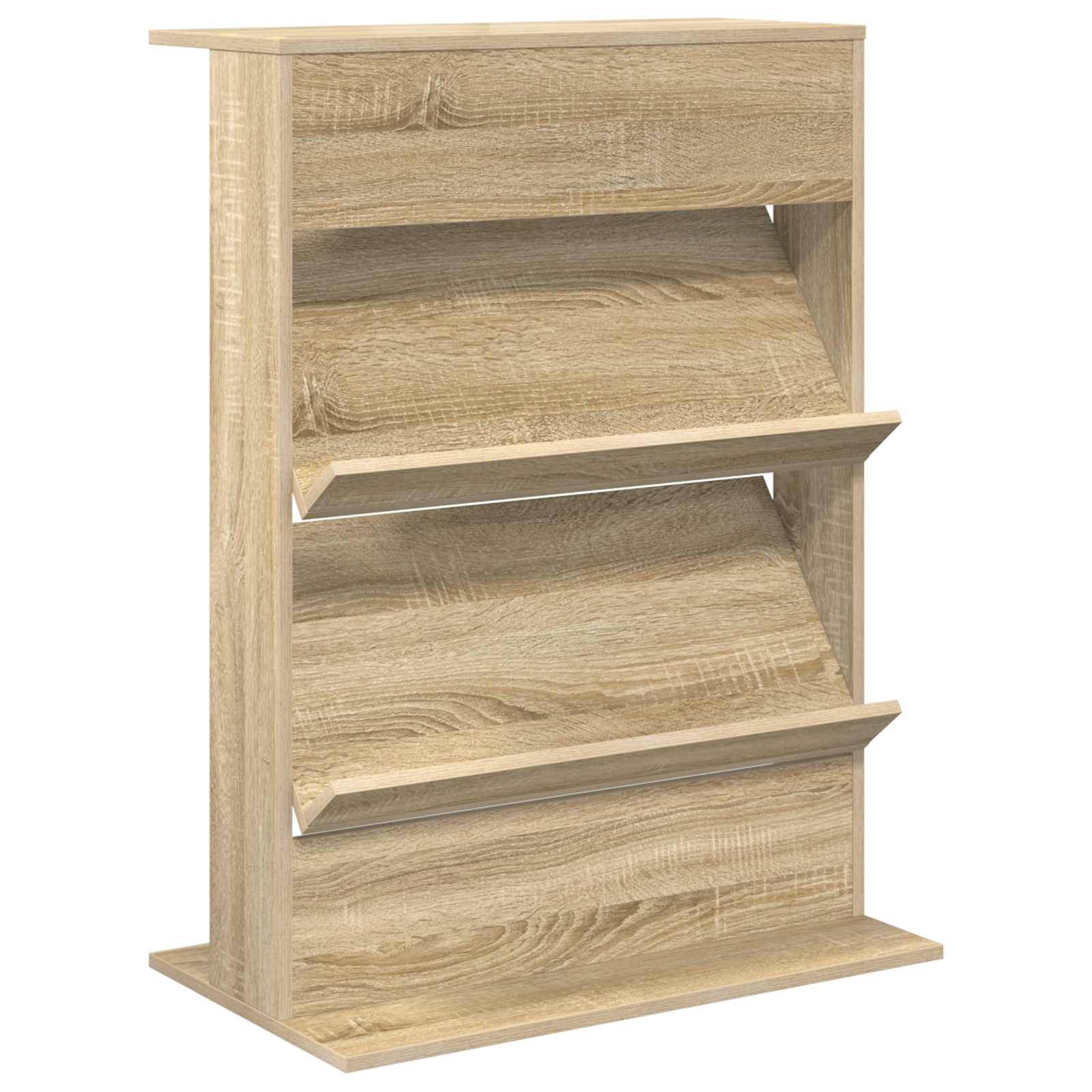 Schuhregal aus Holz mit drei geneigten Ablagen, die jeweils mehrere Schuhpaare aufnehmen können. Das Regal verfügt über eine natürliche Holzoberfläche.
