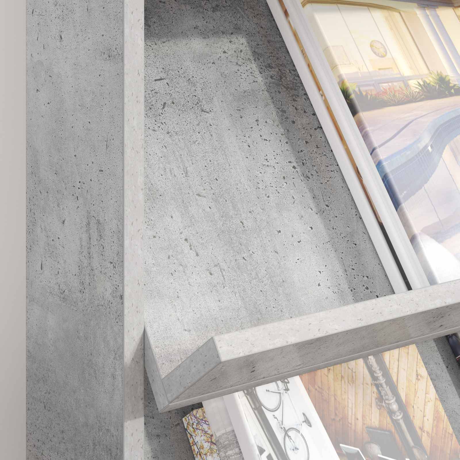 Ein modernes Betonregal präsentiert minimalistische Bücher und Dekorationen vor einer strukturierten Wand in einem eleganten, zeitgenössischen Raum.