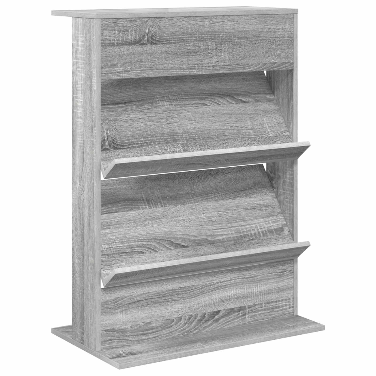 Ein grauer Holzschuhschrank mit drei geneigten Regalen zum Aufbewahren von Schuhen.
