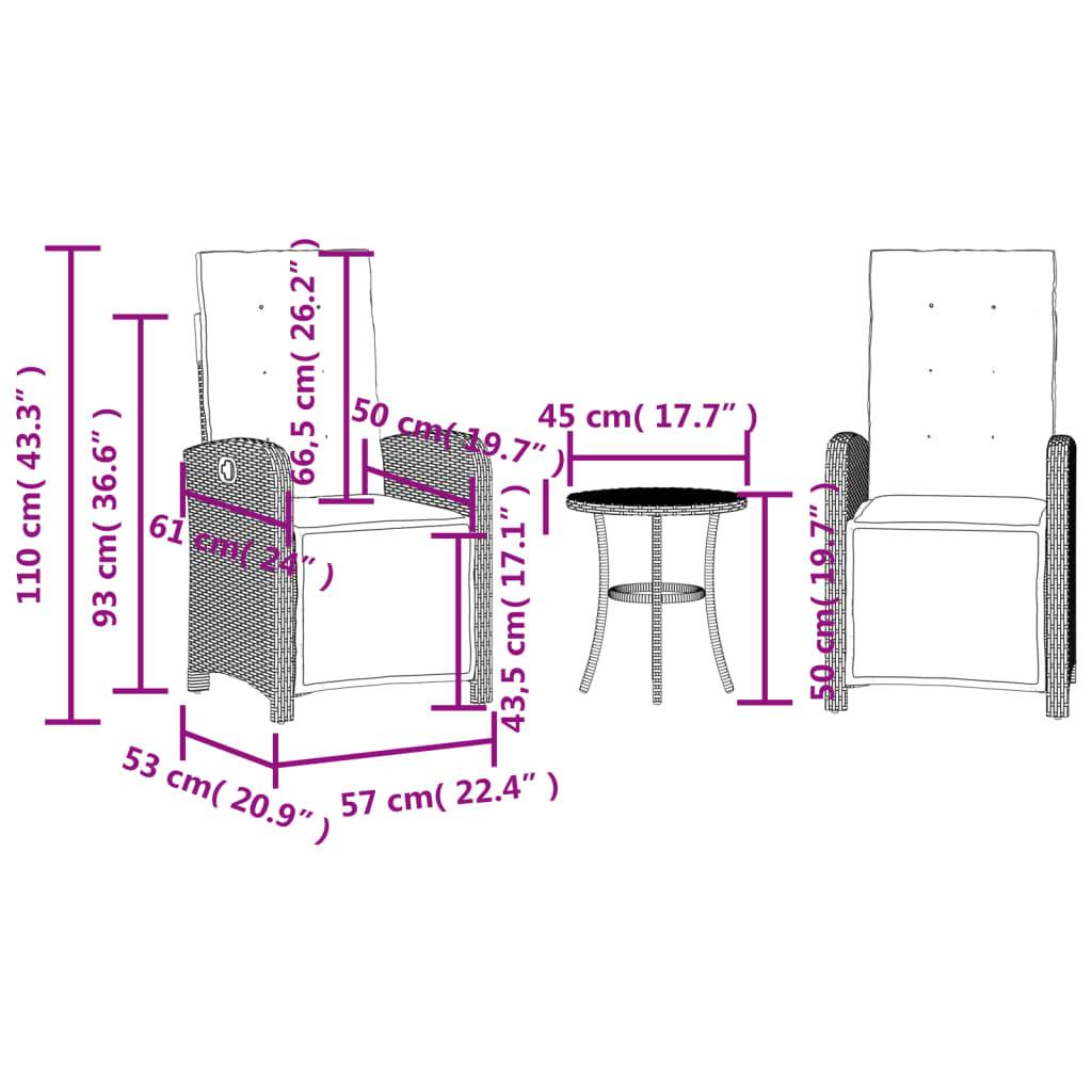 Bild von drei Möbelstücken mit Maßen: Stuhl Höhe 110 cm, Breite 53 cm, Tiefe 57 cm; Tisch Höhe 50 cm, Durchmesser 45 cm.