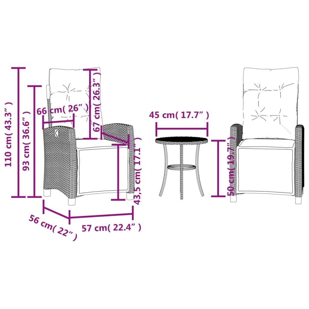 Zwei Stühle und ein Beistelltisch mit Maßen. Stuhl: 110 cm Höhe, 66 cm Breite, 57 cm Tiefe. Tisch: 60 cm Höhe, 45 cm Durchmesser.