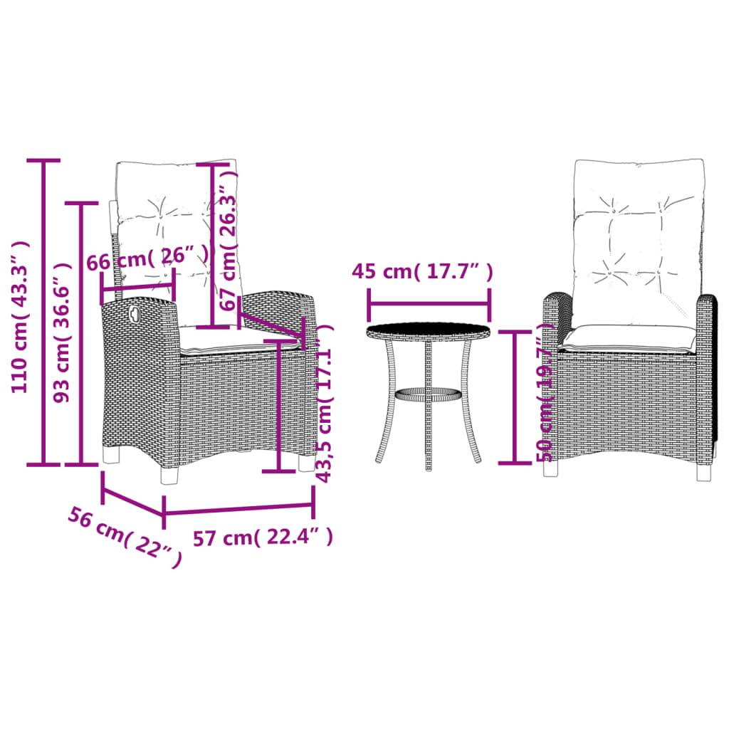 vidaXL 3-tlg. Bistro-Set mit Kissen Beigemischung Poly Rattan
