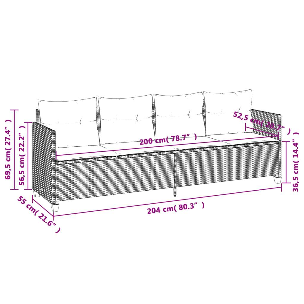 Maße des Outdoor-Sofas: 204 cm Breite, 55,5 cm Tiefe, 69,5 cm Höhe. Sitzfläche: 200 cm breit, 52,5 cm tief, 36,5 cm hoch.
