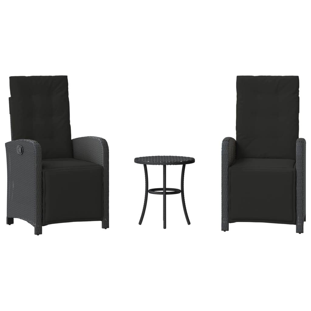 Outdoor-Gartenmöbel-Set mit zwei schwarzen Sesseln und einem kleinen runden Tisch. Das Set ist für Komfort und Entspannung konzipiert.