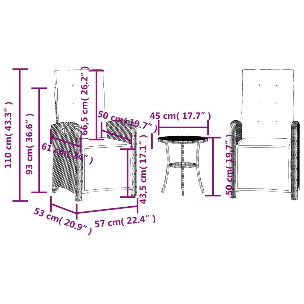 Das Bild zeigt zwei Korbstühle und einen runden Tisch. Die Abmessungen sind beschriftet: Stuhlhöhe 110 cm, Sitzbereite 57 cm, Tischhöhe 50 cm.