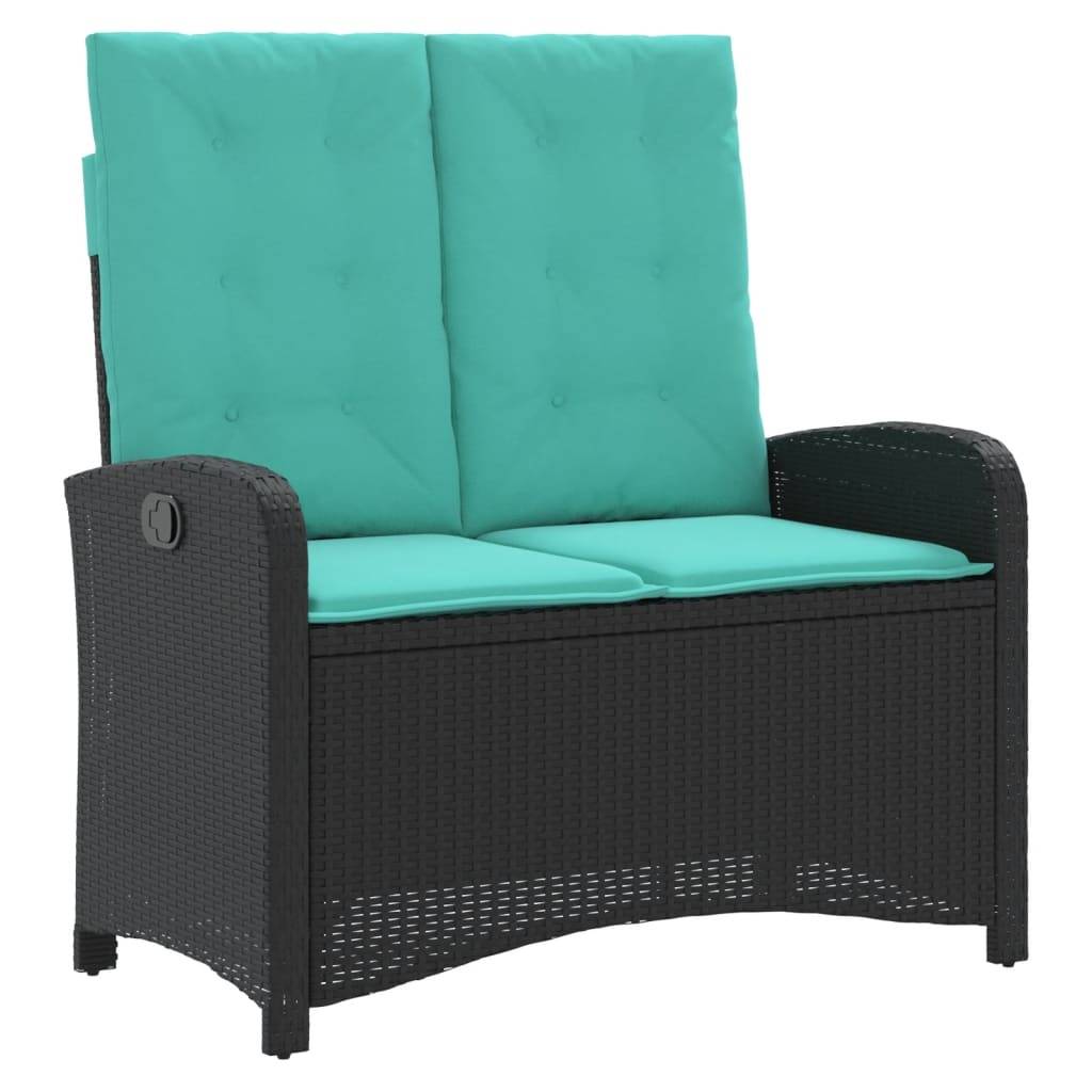 Outdoor-Liegesofa mit einem dunklen Geflecht-Rahmen und leuchtend türkisfarbenen Kissen.