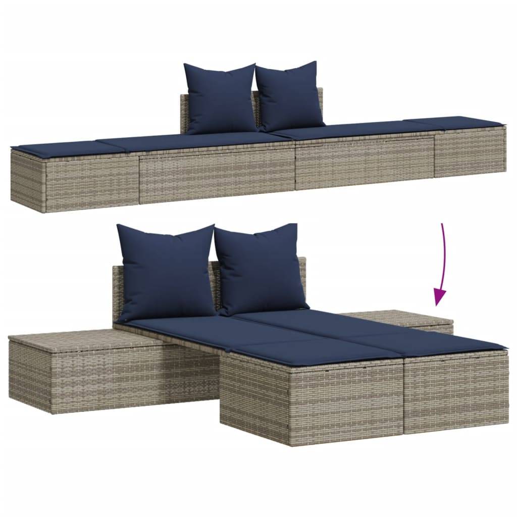 Modulares Rattan-Sofa mit marineblauen Kissen, in zwei Konfigurationen dargestellt: lineare Sitzgelegenheit und erweiterte Loungeform, was die Vielseitigkeit unterstreicht.
