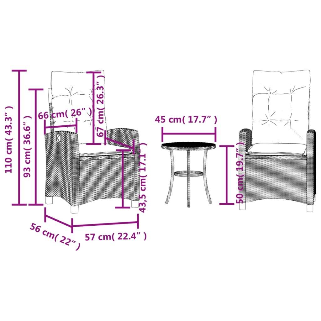 vidaXL 3-tlg. Bistro-Set mit Kissen Beige Poly Rattan