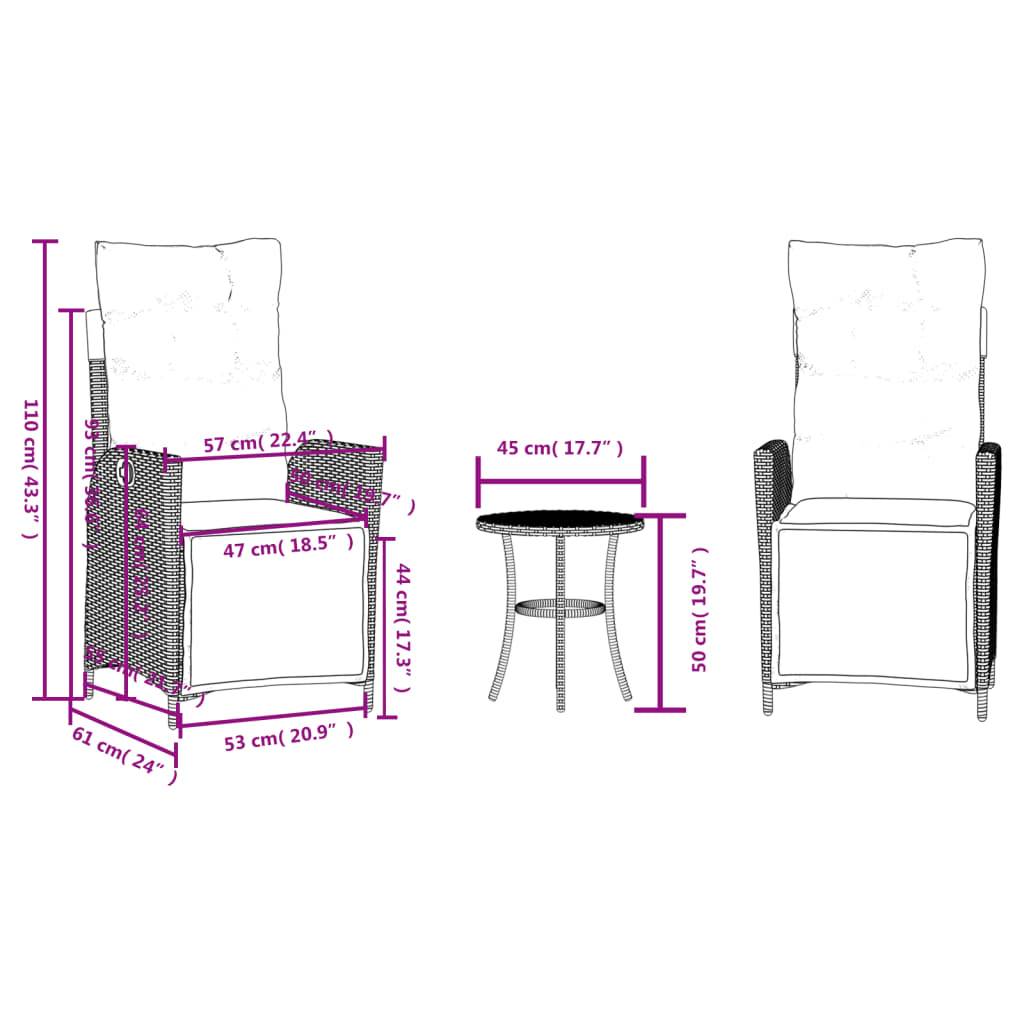 Diagramm mit Abmessungen eines Stuhl- und Tischsets. Stuhl: 110 cm hoch, 61 cm tief, 57 cm breit. Tisch: 50 cm hoch, 45 cm breit.