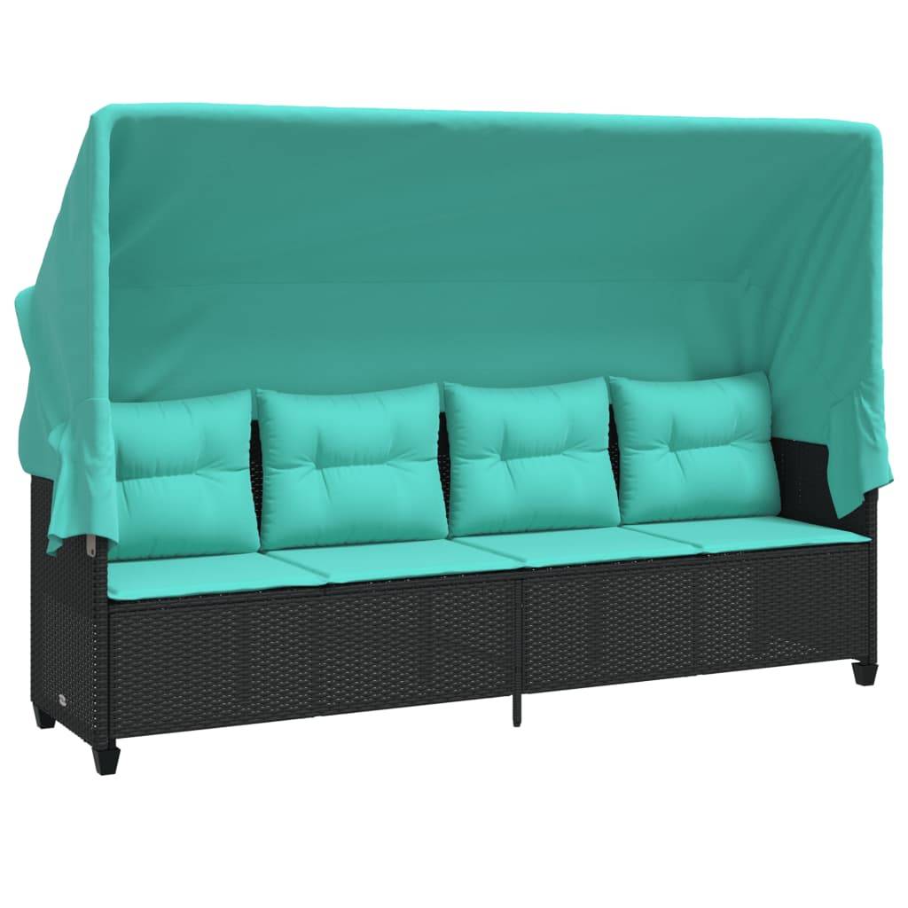 Ein türkisfarbener Baldachin bedeckt ein schwarzes Flechtwerk-Outdoor-Sofa mit passenden Kissen, designed für Schatten und Komfort auf einer Terrasse oder im Garten.