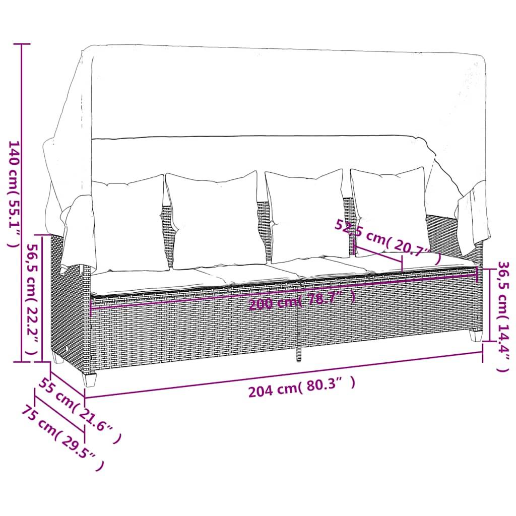 Eine Skizze eines überdachten Outdoor-Sofas mit Kissen, die die Abmessungen zeigt: Höhe 140 cm, Tiefe 75 cm, Breite 204 cm, Sitzttiefe 55 cm.