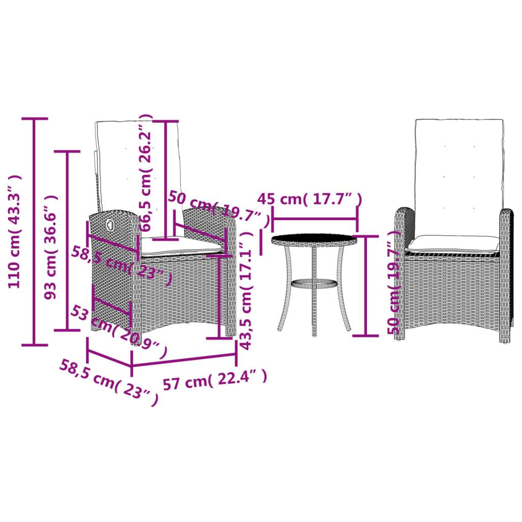 Zwei Stühle und ein runder Tisch mit folgenden Abmessungen: Stuhlbreite 58,5 cm, Tiefe 57 cm, Höhe 110 cm; Tischhöhe 50 cm, Durchmesser 45 cm.