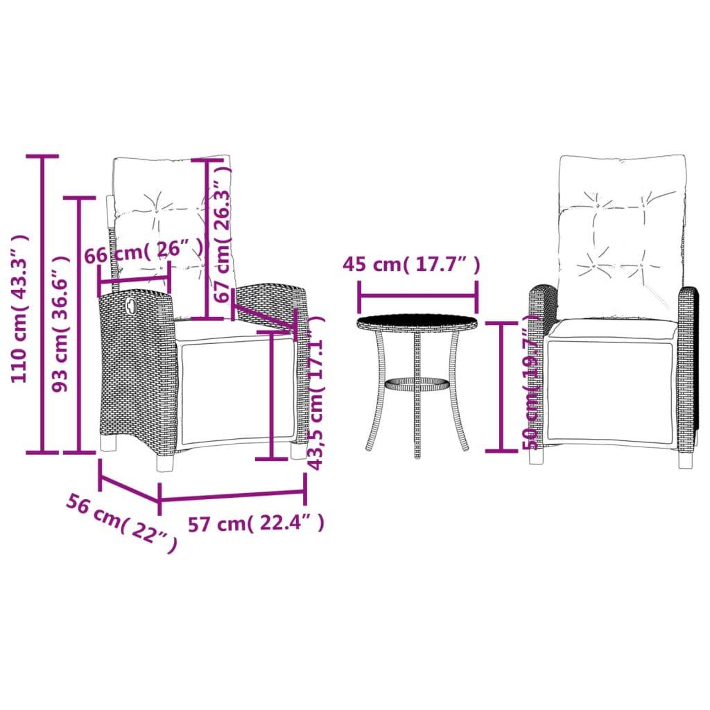 Relaxsessel: Höhe 110 cm, Tiefe 93 cm, Breite 66 cm. Sitzhöhe 43,5 cm, Breite 57 cm. Beistelltisch Höhe 60 cm, Durchmesser 45 cm.