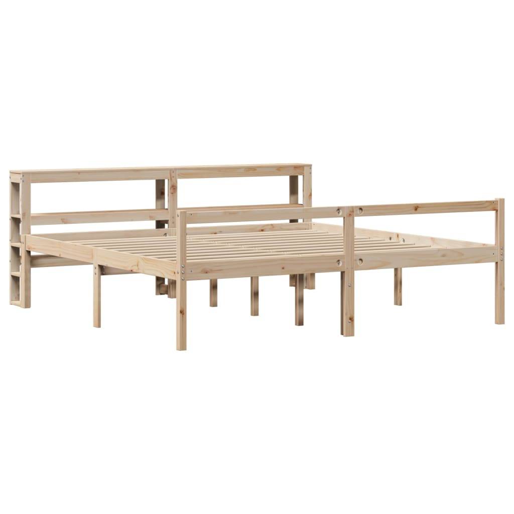 Ein Holzbettgestell mit einem einfachen, minimalistischen Design, ausgestattet mit einem hohen Kopfteil und Seitenteilen. Die Konstruktion ist in einem hellen Farbton gehalten und enthält keine Matratze.