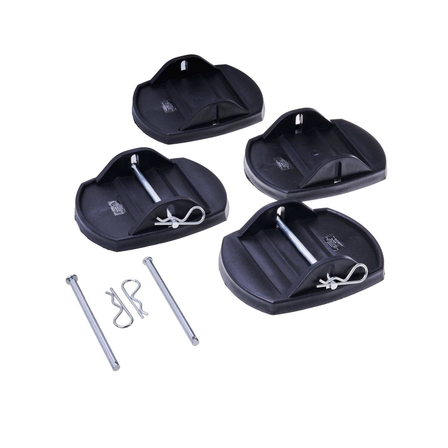 Vier schwarze Kunststoffplatten mit Metallstiften und Federsteckern, die für die Stabilisierung von Wohnmobil-Nivellierstützen konzipiert sind, auf einem weißen Hintergrund präsentiert.