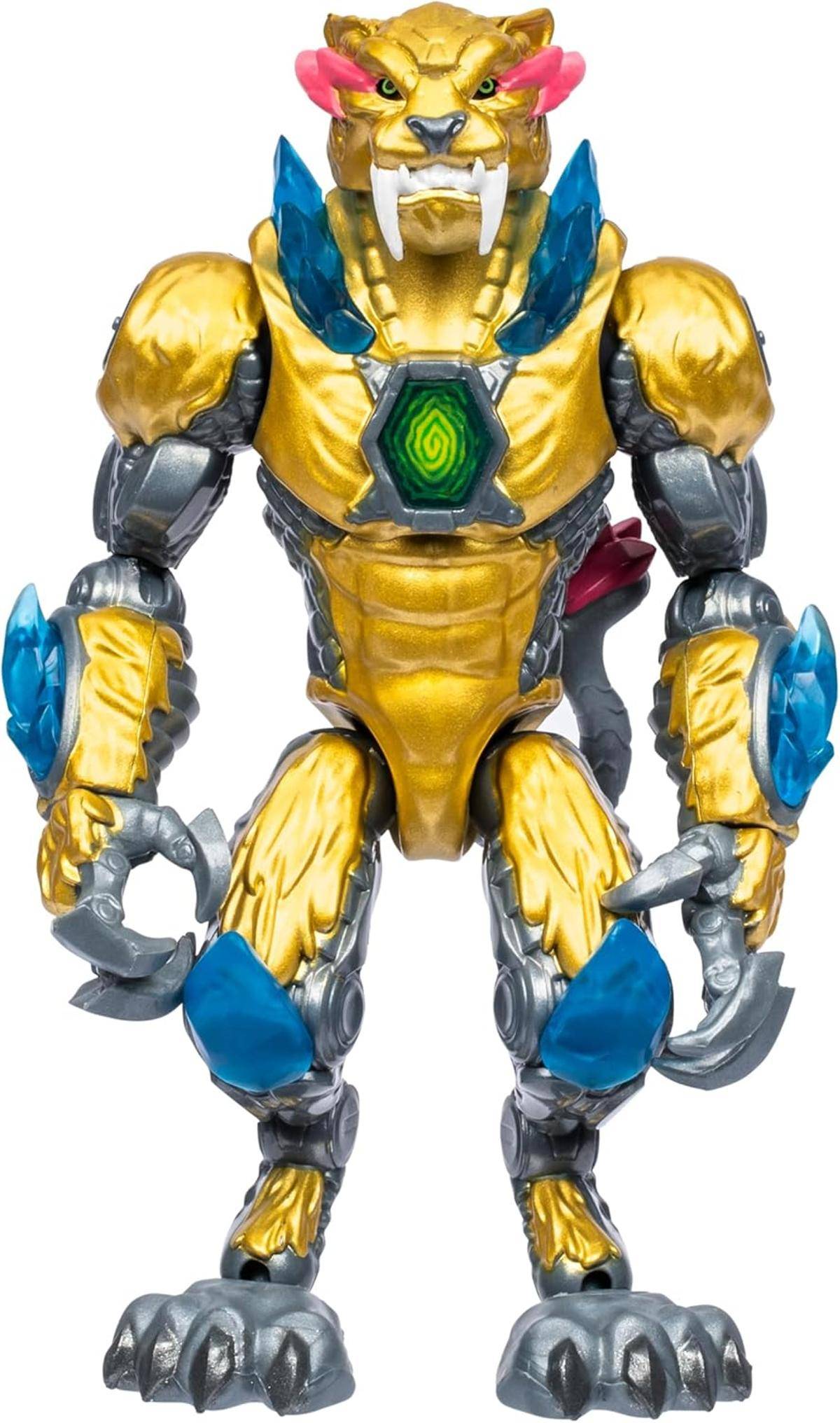 Eine gold- und silberfarbene, roboterhafte Actionfigur mit blauen Edelsteindetails und Klauenhänden steht aufrecht und präsentiert ihr aufwendiges Design.