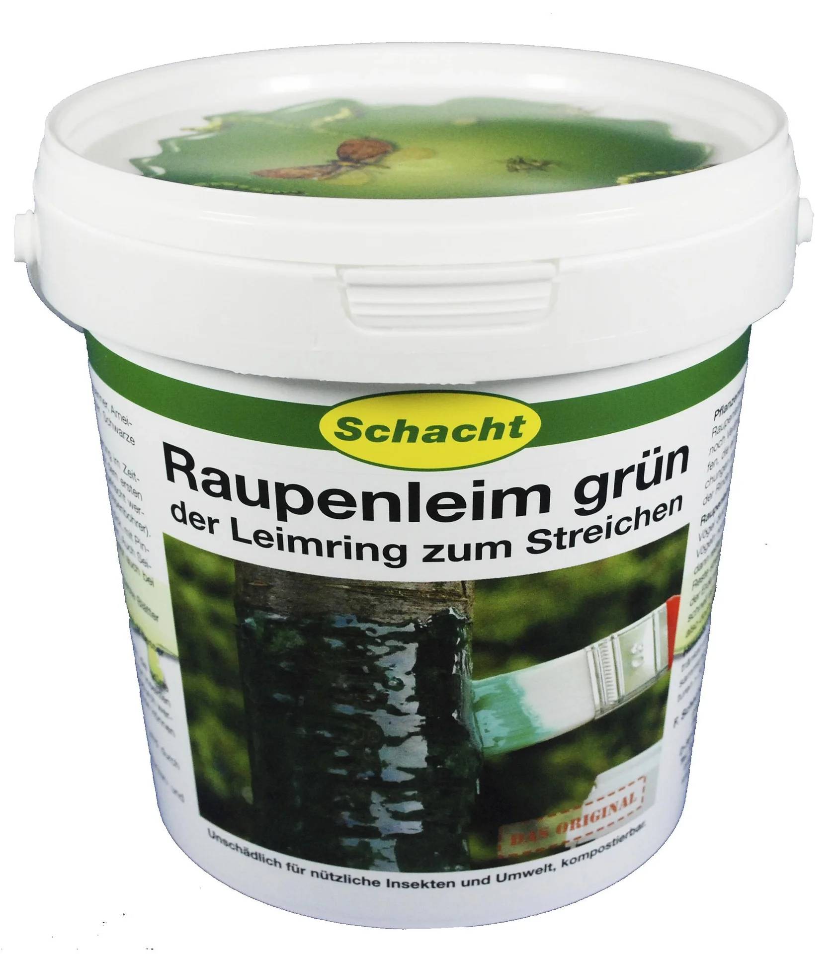 Ein weißer Behälter mit der Aufschrift 'Raupenleim grün, der Leimring zum Streichen' mit einem Bild von grüner Paste, die auf einen Baumstamm aufgetragen wird.