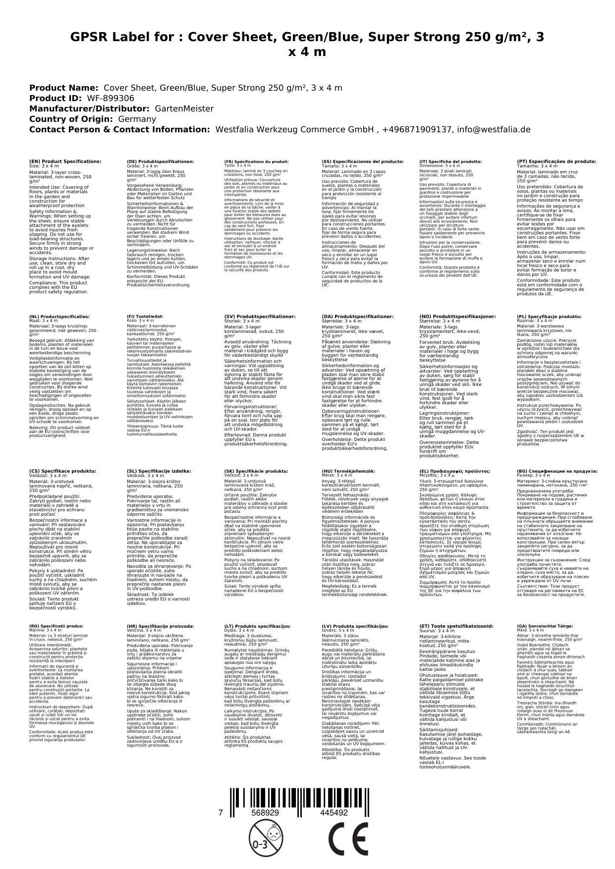 Abdeckplane, grün/blau, super stark 250 g/ m²,3 x 4 m