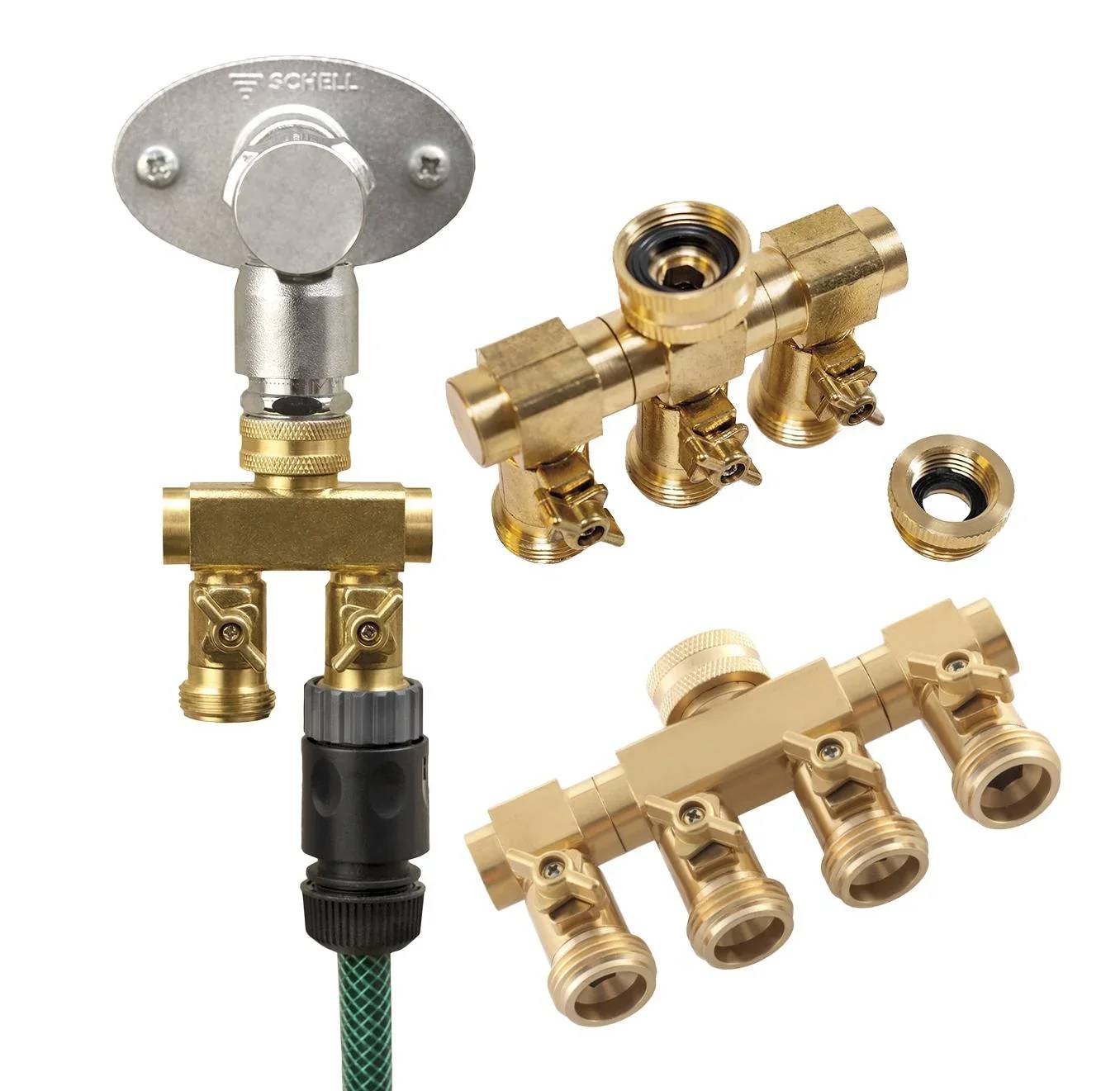 Gartenwasserhahn-Verteiler. Mehrere Messing-Schlauchadapter mit verstellbaren Ventilen und Anschlüssen zum Anschließen mehrerer Schläuche.
