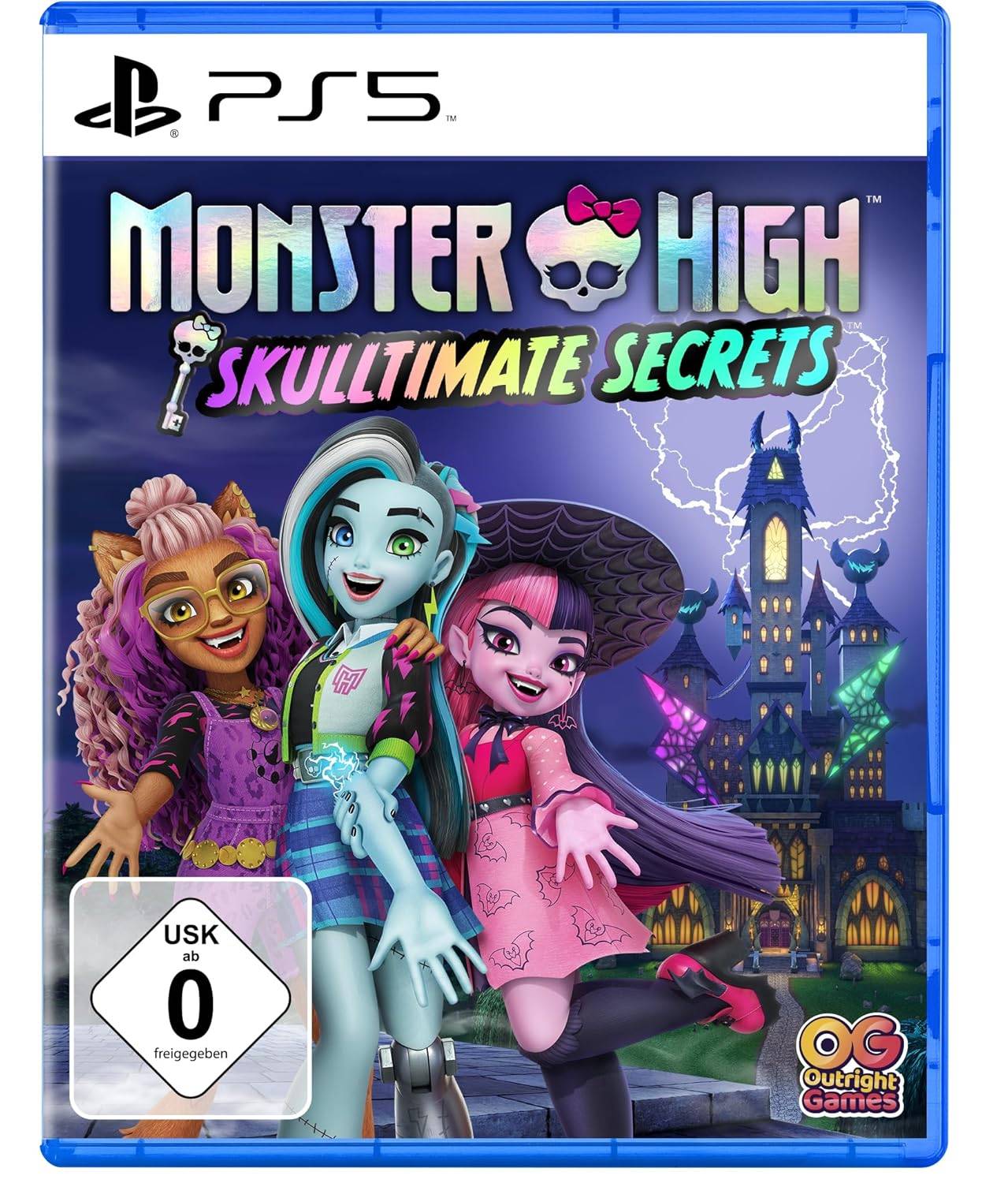 Cover der PS5 des Spiels 'Monster High Skultimate Secrets' mit drei animierten Charakteren, die vor einem unheimlichen Herrenhaus posieren.