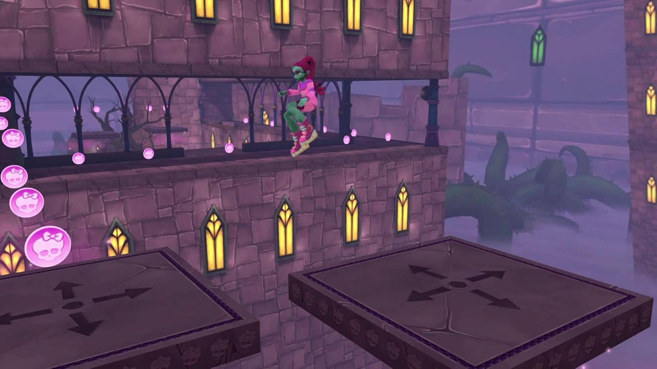 Eine Figur in bunter Kleidung springt zwischen Plattformen in einer burgähnlichen Umgebung mit leuchtenden Fenstern und mystischen Elementen.
