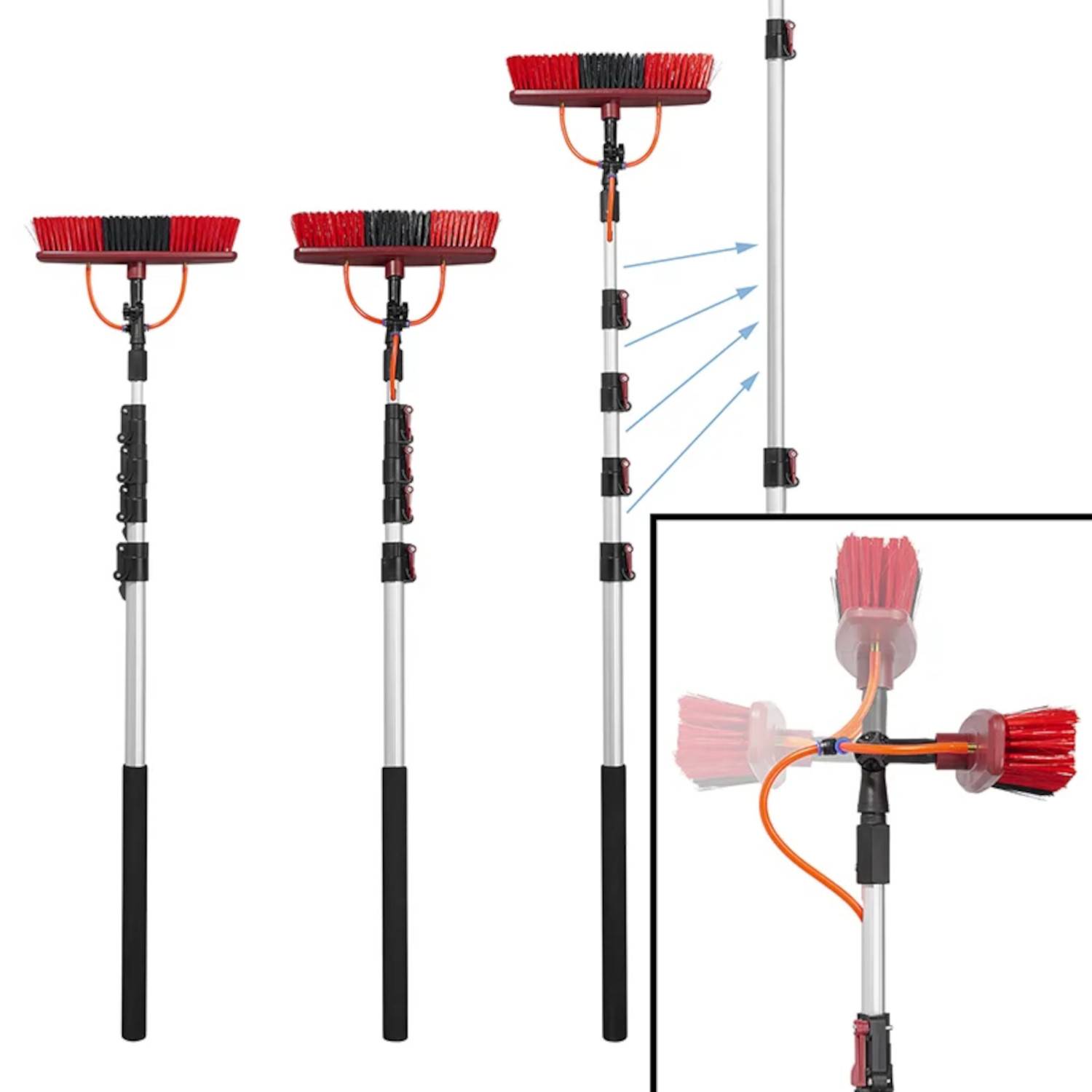 Ein Teleskop-Reinigungswerkzeug mit einem roten Bürstenkopf und schwarzem Griff, das drei ausgefahrene Positionen und eine Nahaufnahme des Verriegelungsmechanismus zeigt.