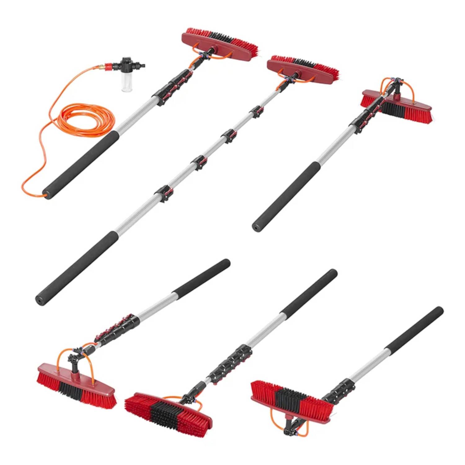 Bild einer ausziehbaren Wasserzuführungsstange mit einer roten Bürste und angeschlossenem Schlauch, die für die Fensterreinigung konzipiert ist. Die Stange wird in verschiedenen Längen dargestellt.