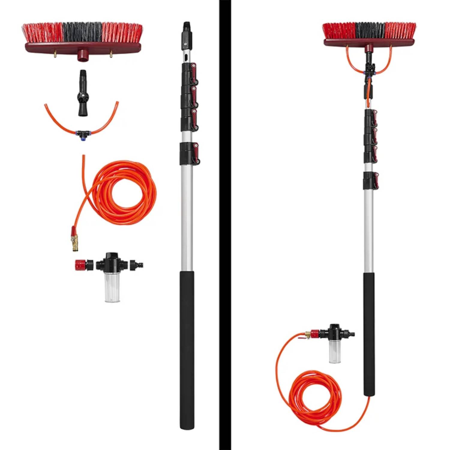 Collage eines wasserbetriebenen Stangentrockenreinigungssystems mit einem montierten Stangensystem mit roter Bürste sowie separaten Komponenten wie Schlauch und Anschlüssen.