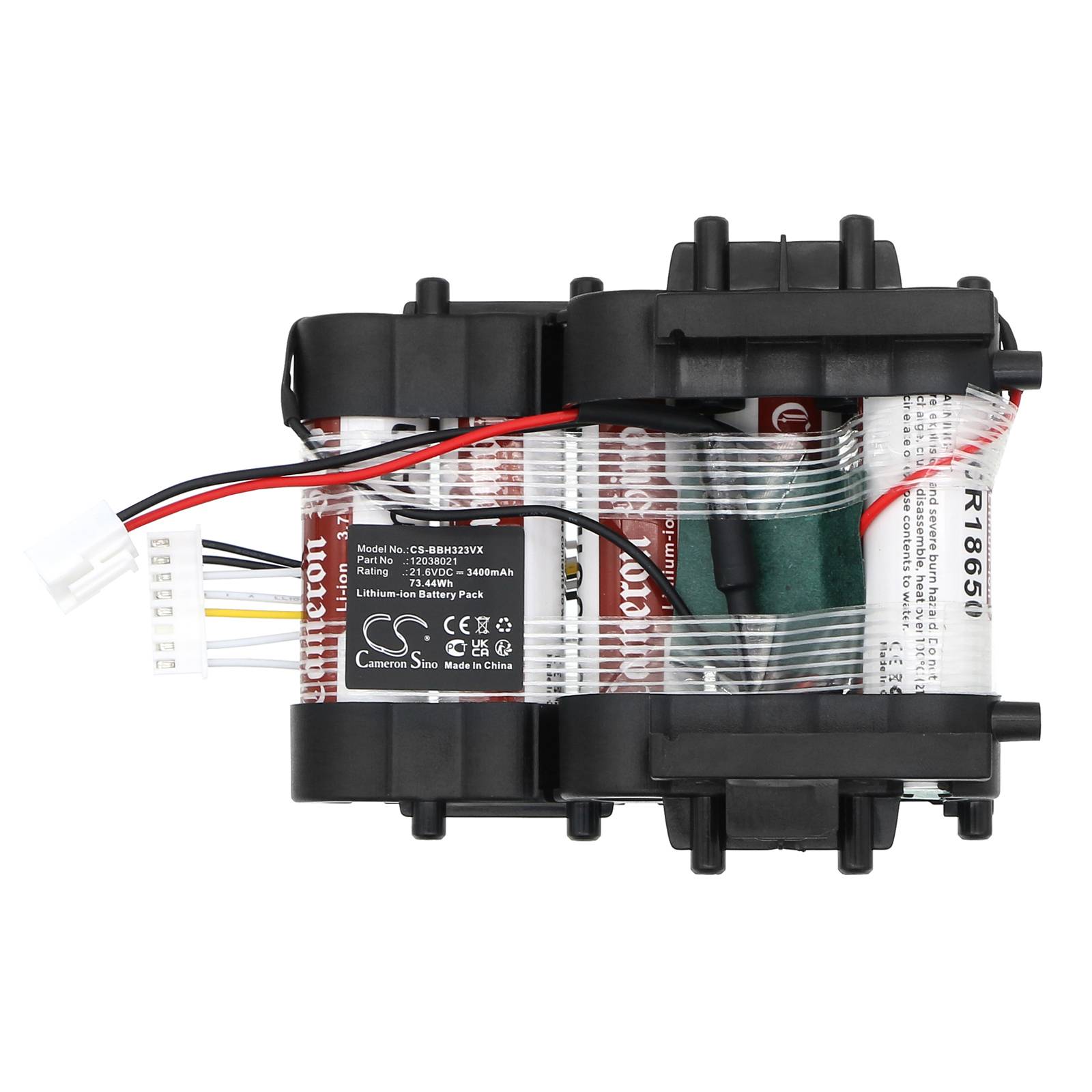 Ein schwarzes wiederaufladbares Batteriepack mit roten und schwarzen Kabeln, auf dem technische Details wie Modellnummer und eine 