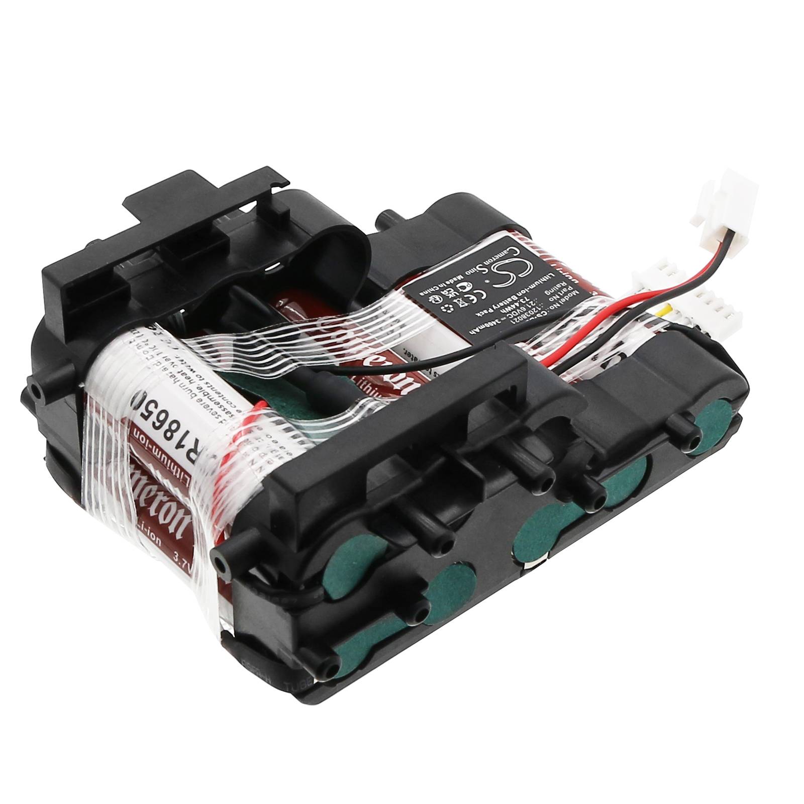 Akkupack mit Kabelverbindungen und beschrifteten Spezifikationen, gekennzeichnet als Modell RT8650 für den Einsatz in elektronischen Geräten.