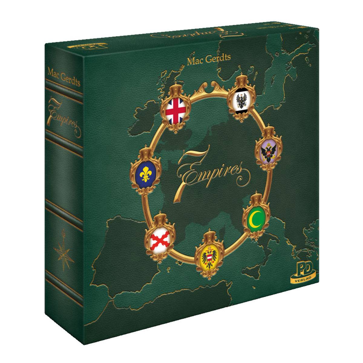 Brettspiel '7 Imperien' mit einem Kartenhindergrund und sieben Wappen, die verschiedene Imperien repräsentieren. Entwickelt von Mac Gerdts.