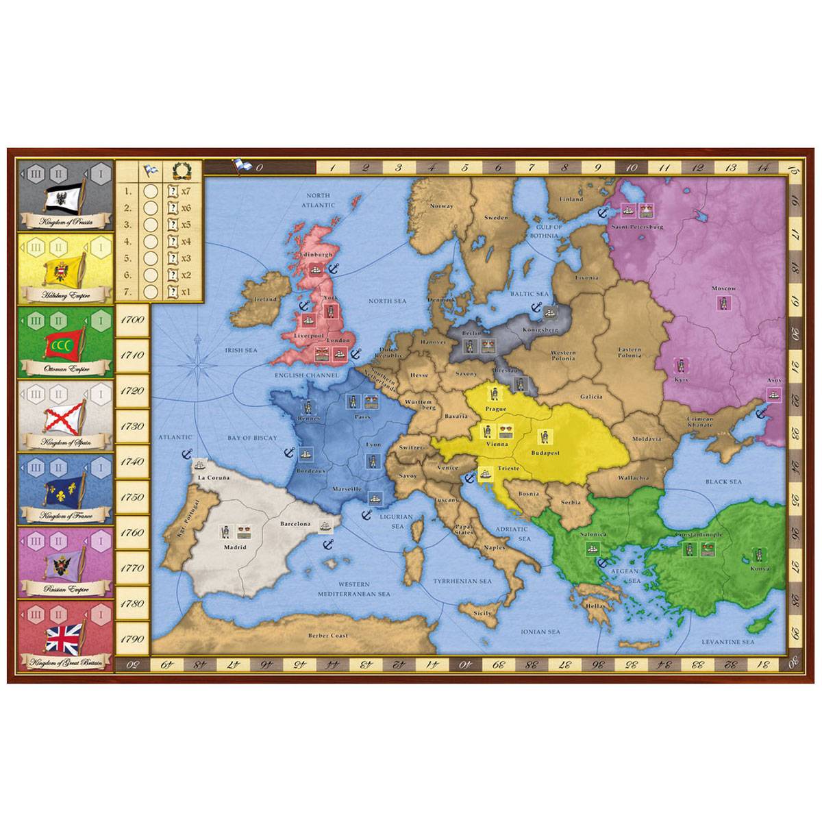 Eine Brettspielkarte von Europa, die Territorien von sechs Nationen während der Napoleonischen Ära zeigt, wobei jedes Gebiet mit unterschiedlichen Farben und Symbolen markiert ist.