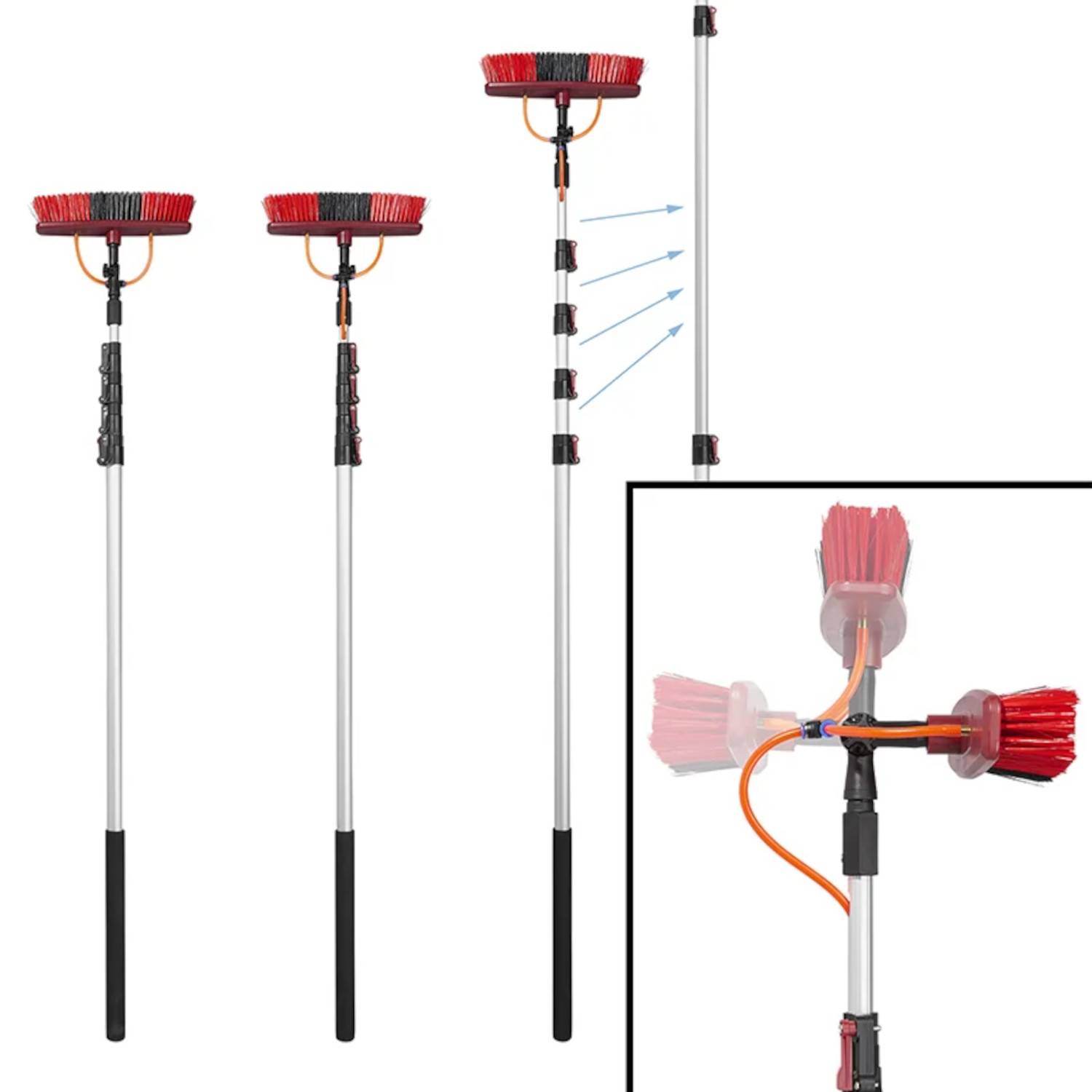 Verstellbare Teleskop-Reinigungsbürste mit roten Borsten, ausziehbar in verschiedenen Längen. Detailaufnahme des Bürstenkopfes im Einsatz gezeigt.