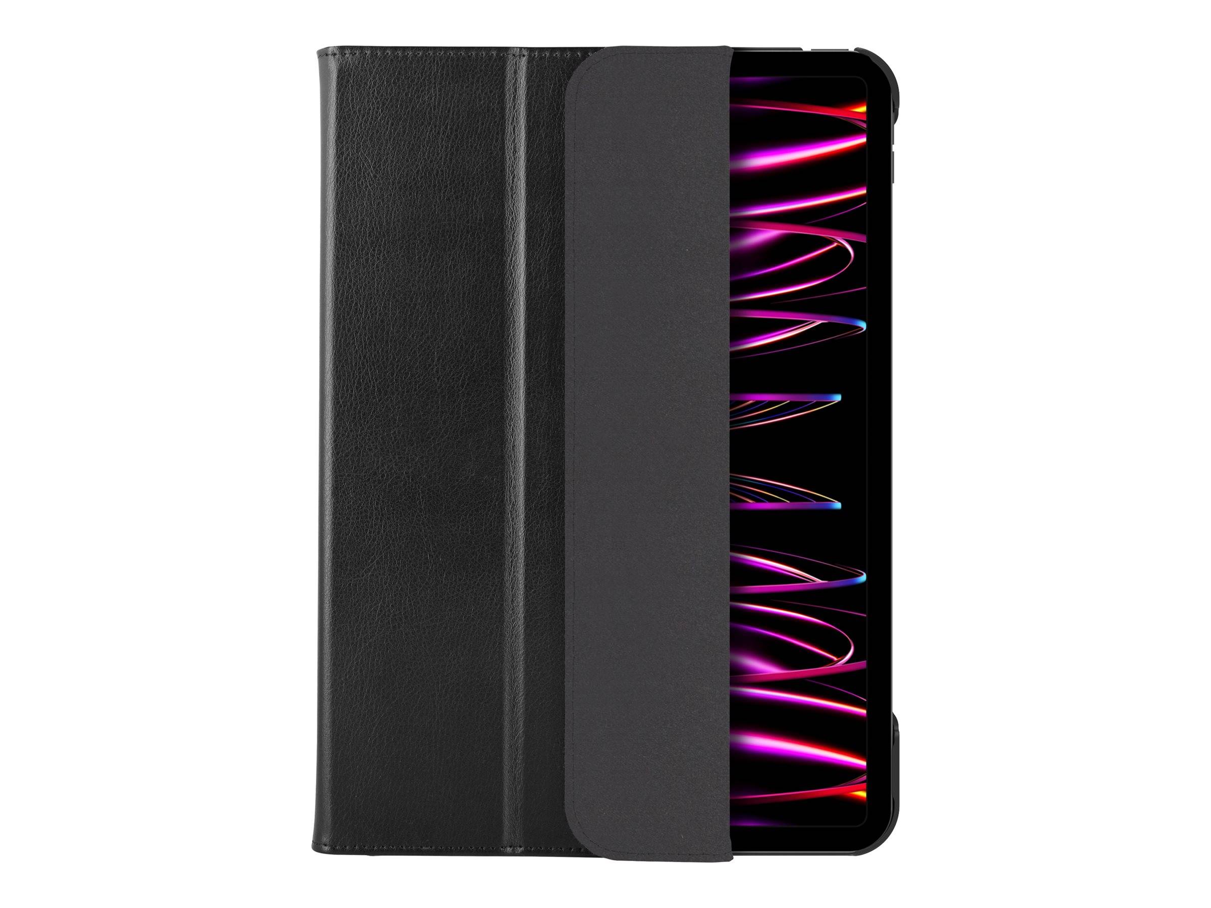 Schwarzes Tablet in einem Folioschuber, teilweise offen gezeigt, um einen farbenfrohen neon-abstrakten Bildschirm zu enthüllen.