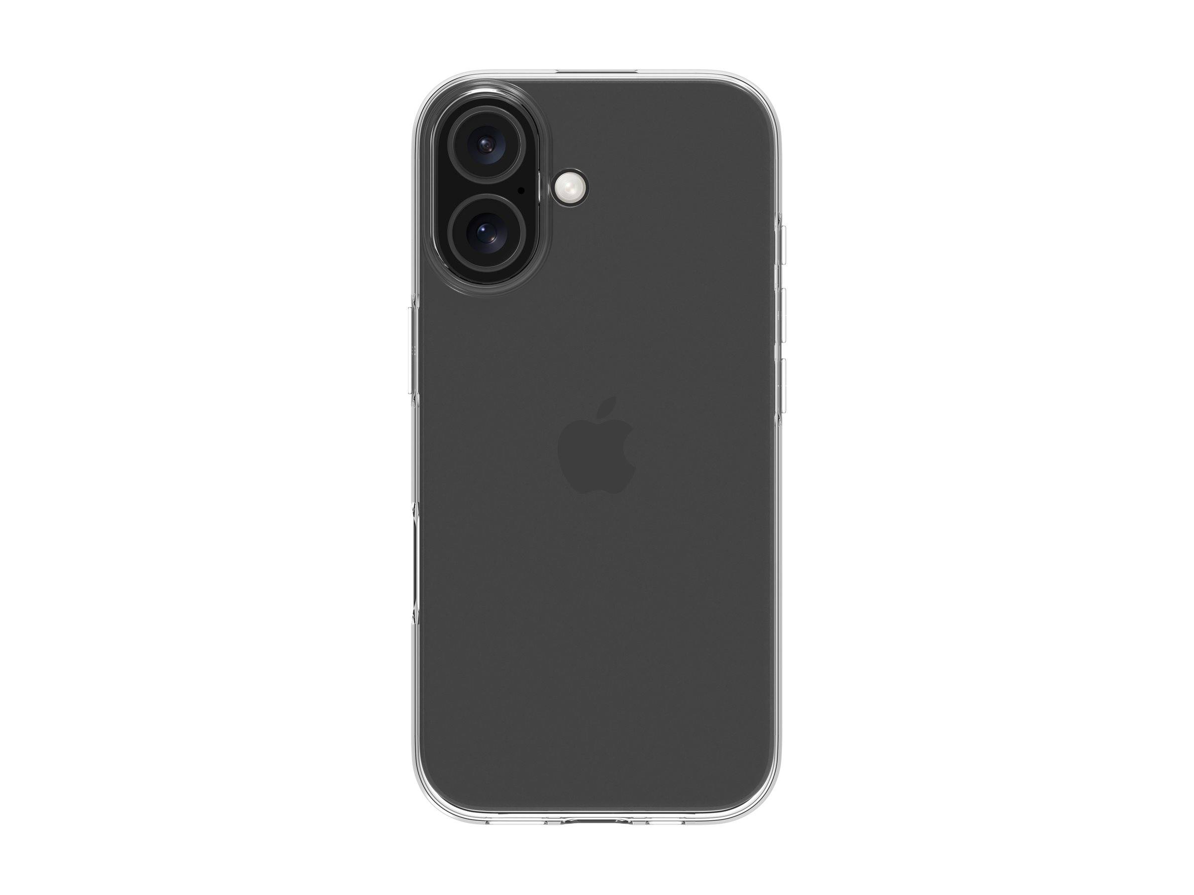 Ein schwarzes Smartphone mit einer Dual-Kamera-Konfiguration und einem Apple-Logo auf der Rückseite, von hinten betrachtet.