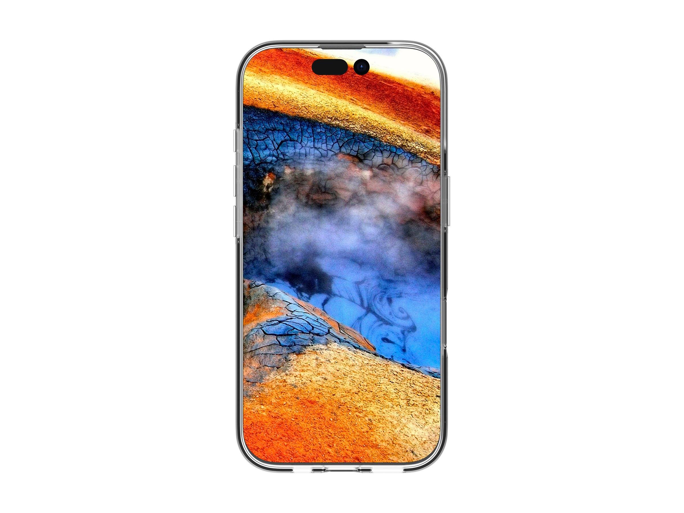 Ein Smartphone, das einen abstrakten Naturhintergrund zeigt, mit leuchtend orangefarbenen, blauen und braunen Tönen, geriffelten Texturen und einem nebligen Zentrum.