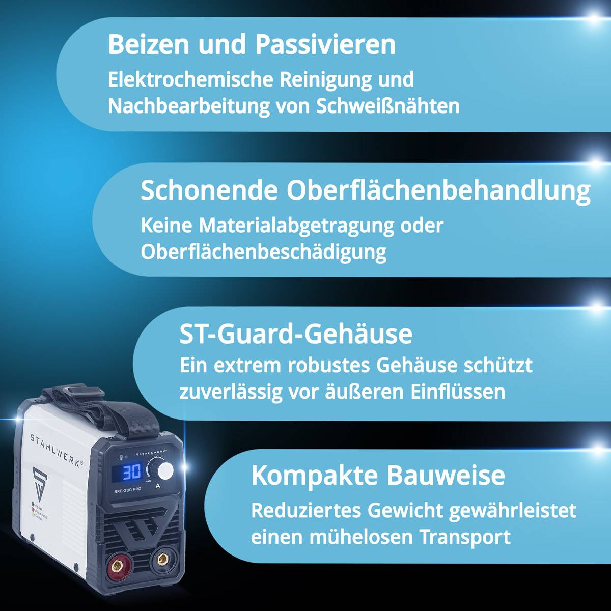 Elektrochemische Reinigung von Schweißnähten, schonende Oberflächenbehandlung, robuster Gehäuseschutz, kompaktes Design für einfachen Transport.