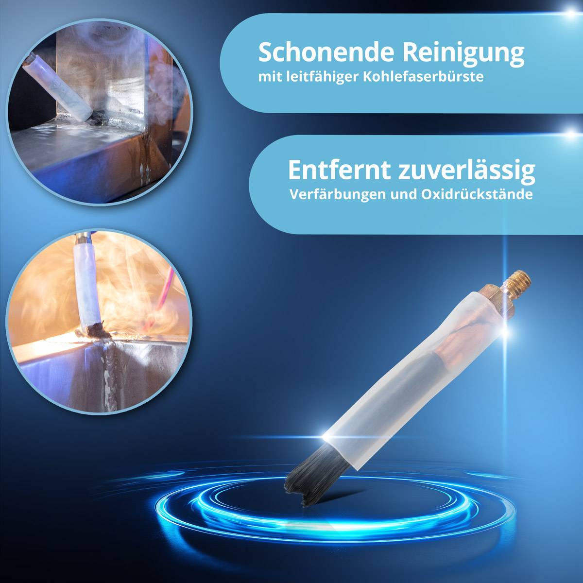 Bild zeigt eine Karbonfaserborste, die eine Oberfläche reinigt, mit zwei Detailansichten. Text hebt sanfte Reinigung sowie zuverlässige Flecken- und Oxidationsentfernung hervor.