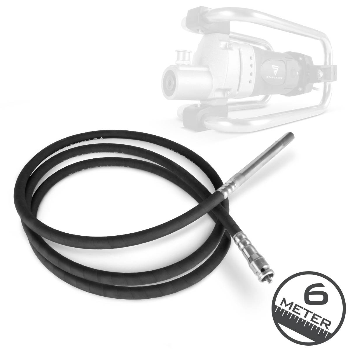 6 Meter flexibler Schlauch, der von einer Maschine ausgeht und für industrielle oder schwere Anwendungen konzipiert ist.