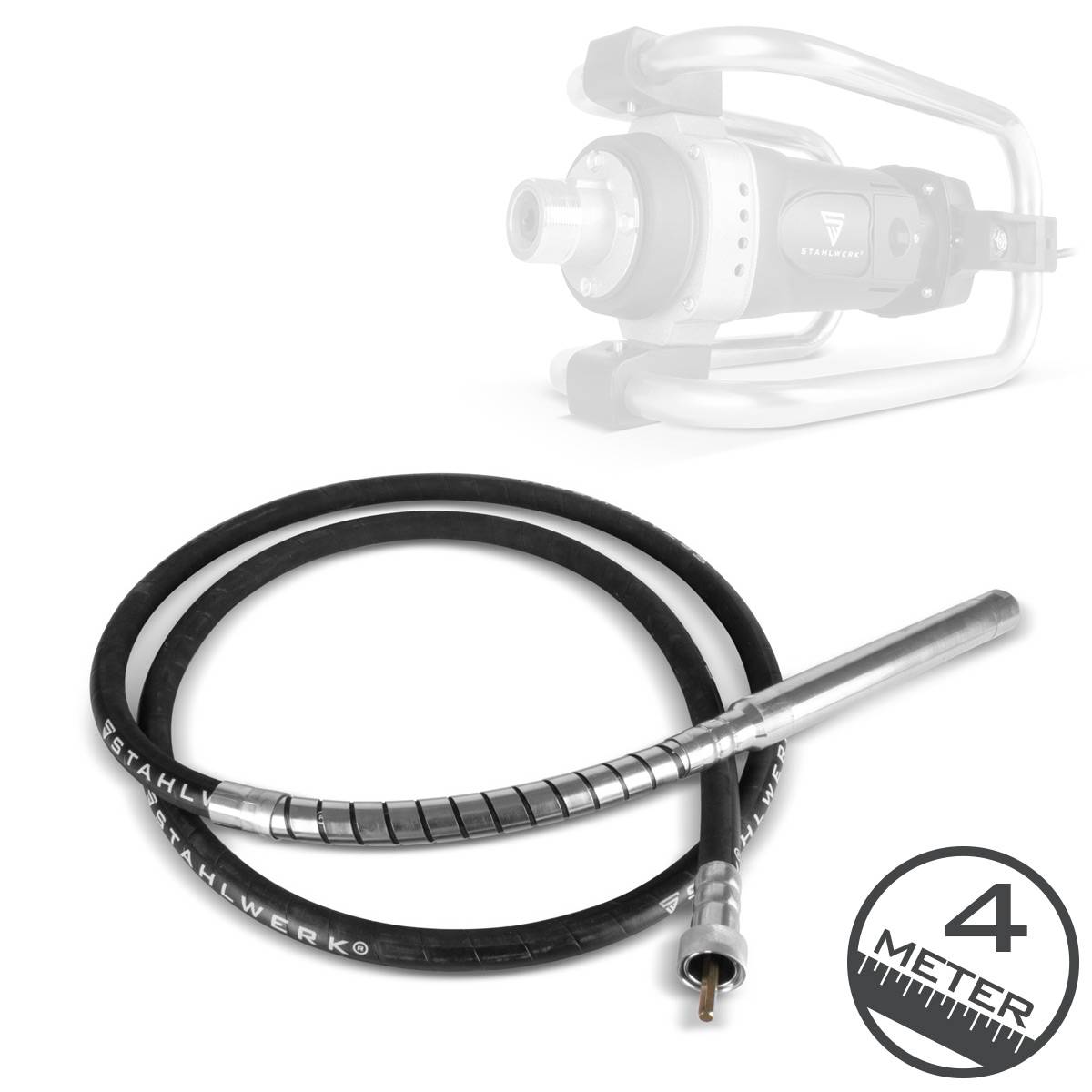 Mixer-Erweiterungswerkzeug der Marke 'Stahlwerk' mit einer 4-Meter-Beschriftung, entwickelt für industrielle Anwendungen. Hauptkörper des Mischers im Hintergrund verblasst dargestellt.