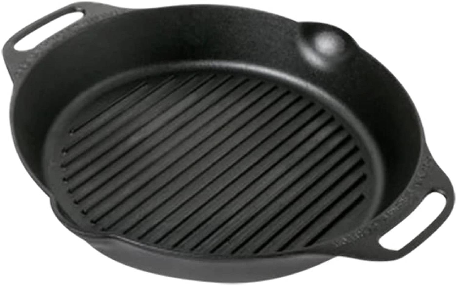 Eine schwarze Gusseisenpfanne mit erhöhten Rillen, geeignet für Grillen auf dem Herd.
